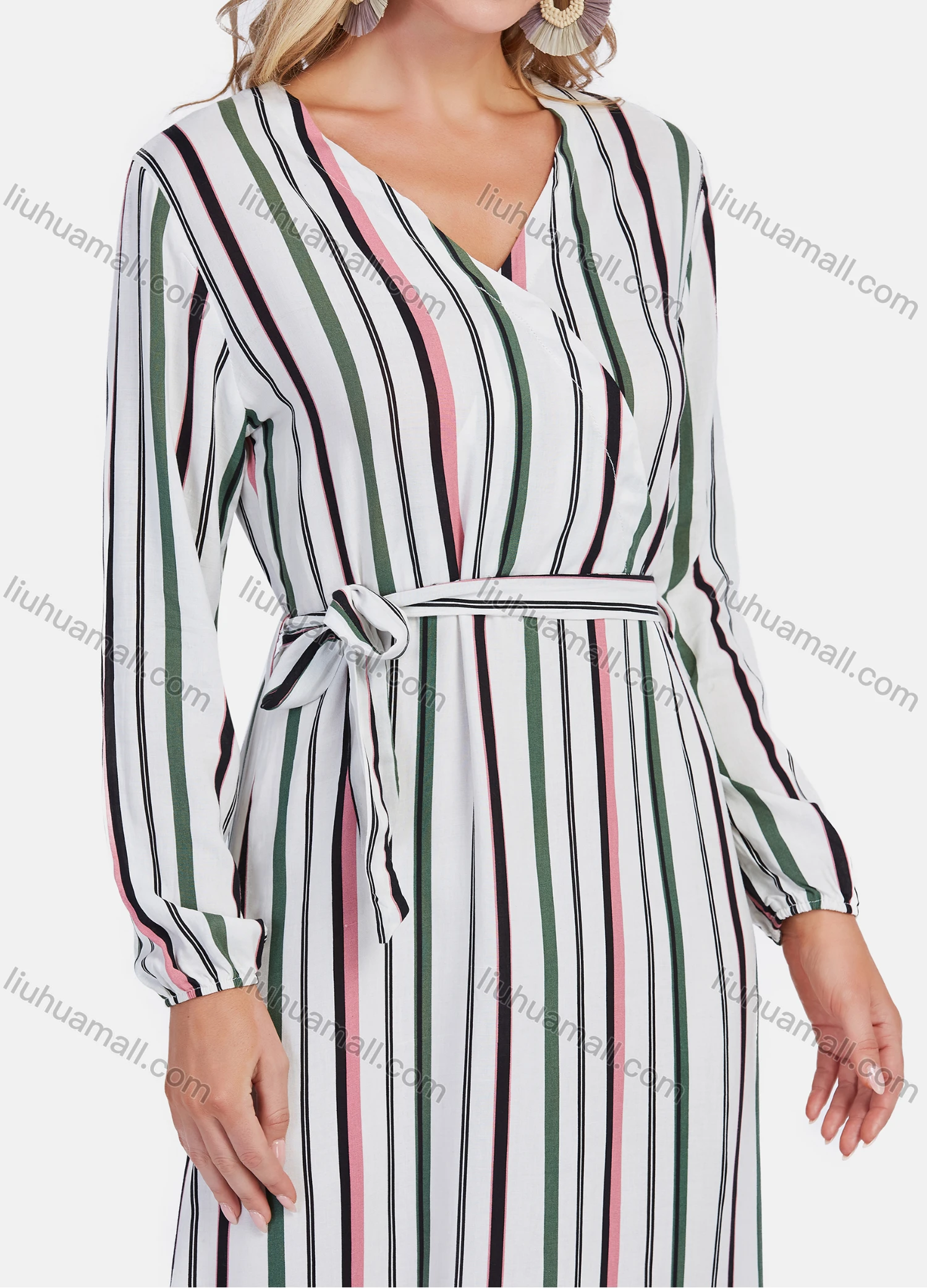 Wholesale Women's Casual Wrap V Neck Long Sleeve Multicolor Striped Ruffle Hem Midi Dress With Belt - Liuhuamall