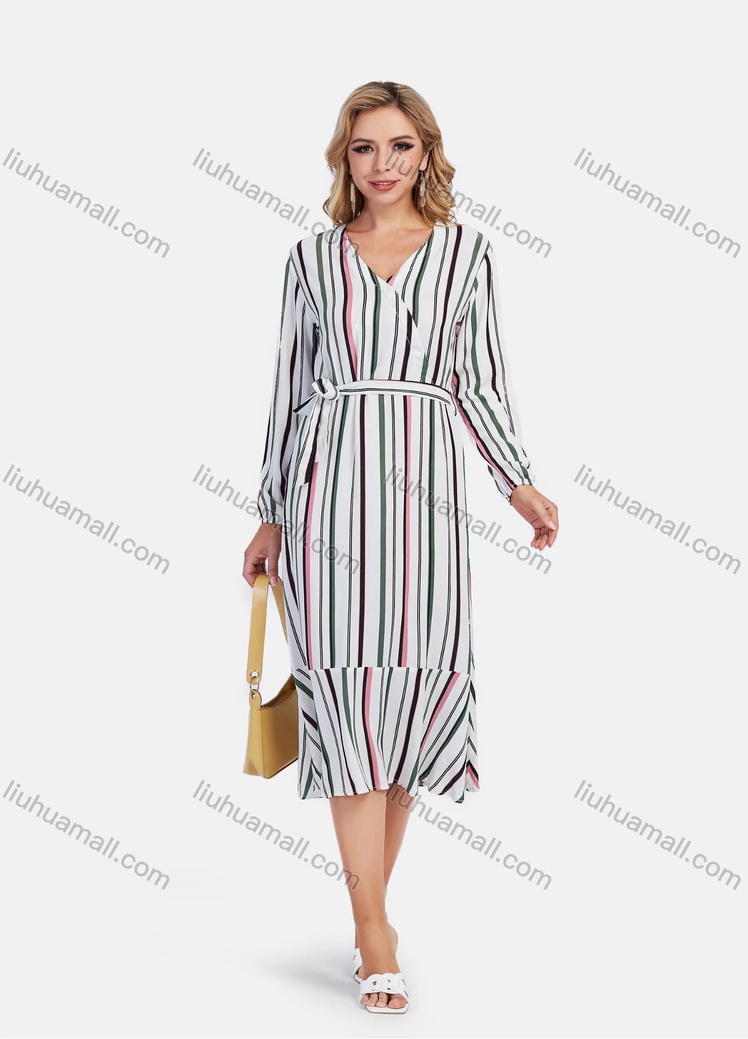 Wholesale Women's Casual Wrap V Neck Long Sleeve Multicolor Striped Ruffle Hem Midi Dress With Belt - Liuhuamall