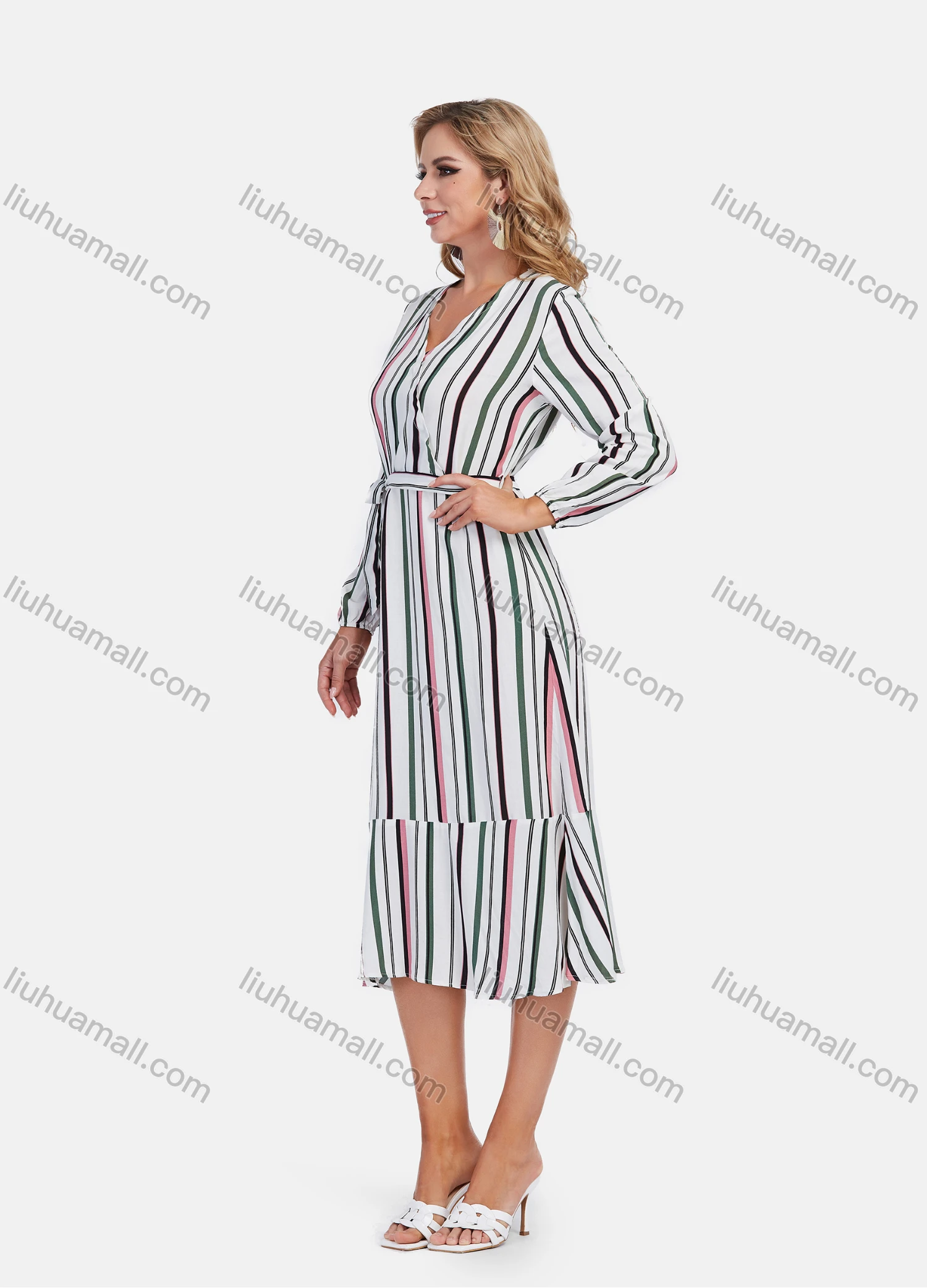Wholesale Women's Casual Wrap V Neck Long Sleeve Multicolor Striped Ruffle Hem Midi Dress With Belt - Liuhuamall