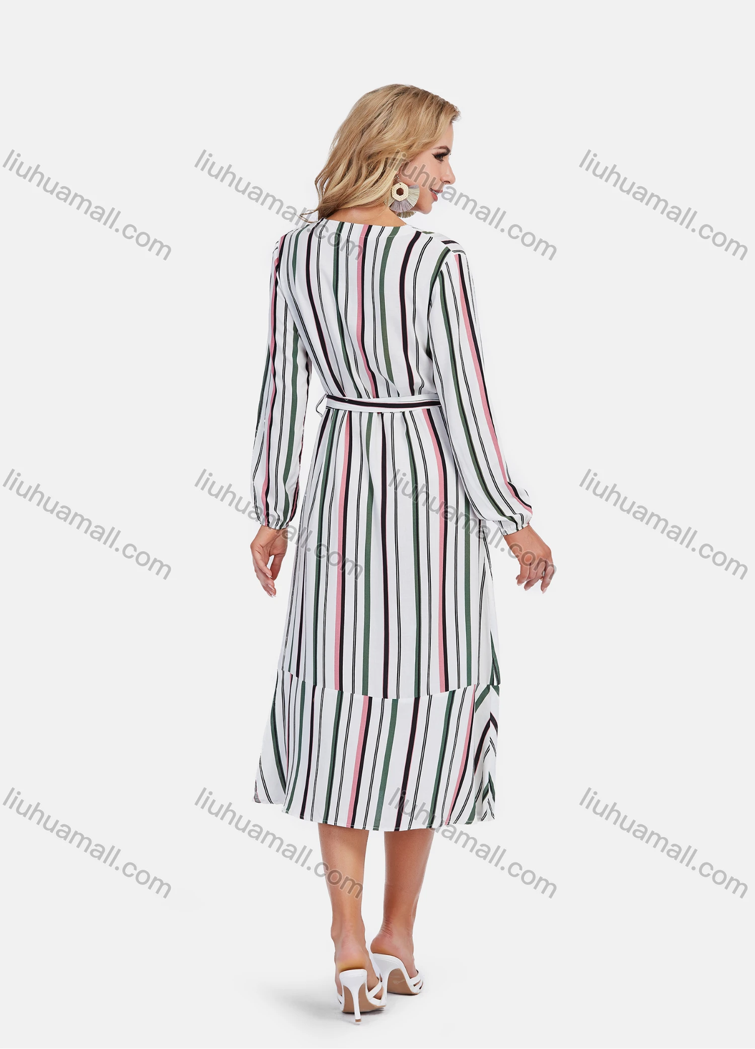 Wholesale Women's Casual Wrap V Neck Long Sleeve Multicolor Striped Ruffle Hem Midi Dress With Belt - Liuhuamall