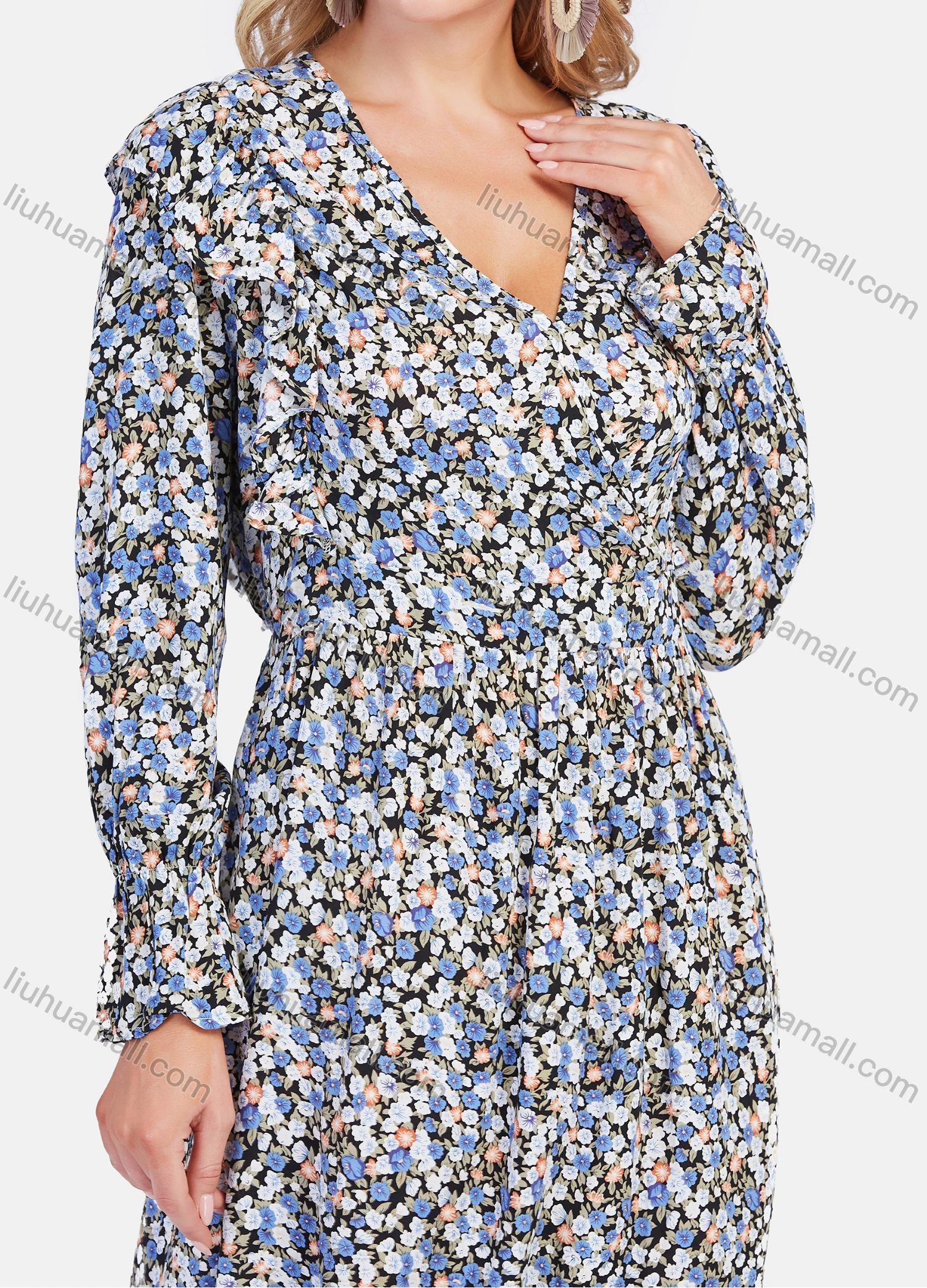 Wholesale Women's Casual Ruffle Long Sleeve Wrap V Neck Elastic Waist Floral Print Midi Dress - Liuhuamall