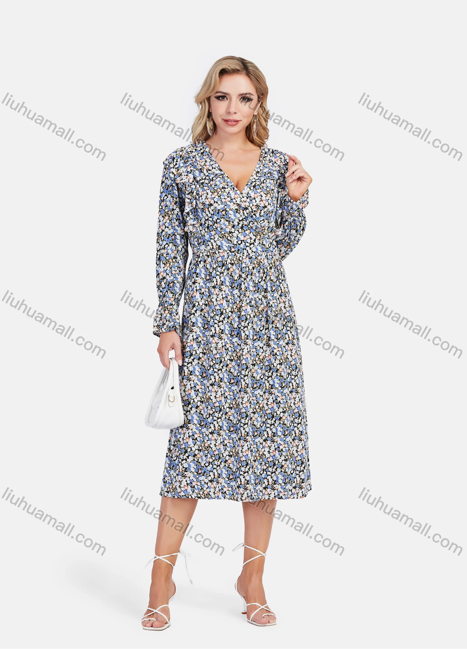 Wholesale Women's Casual Ruffle Long Sleeve Wrap V Neck Elastic Waist Floral Print Midi Dress - Liuhuamall
