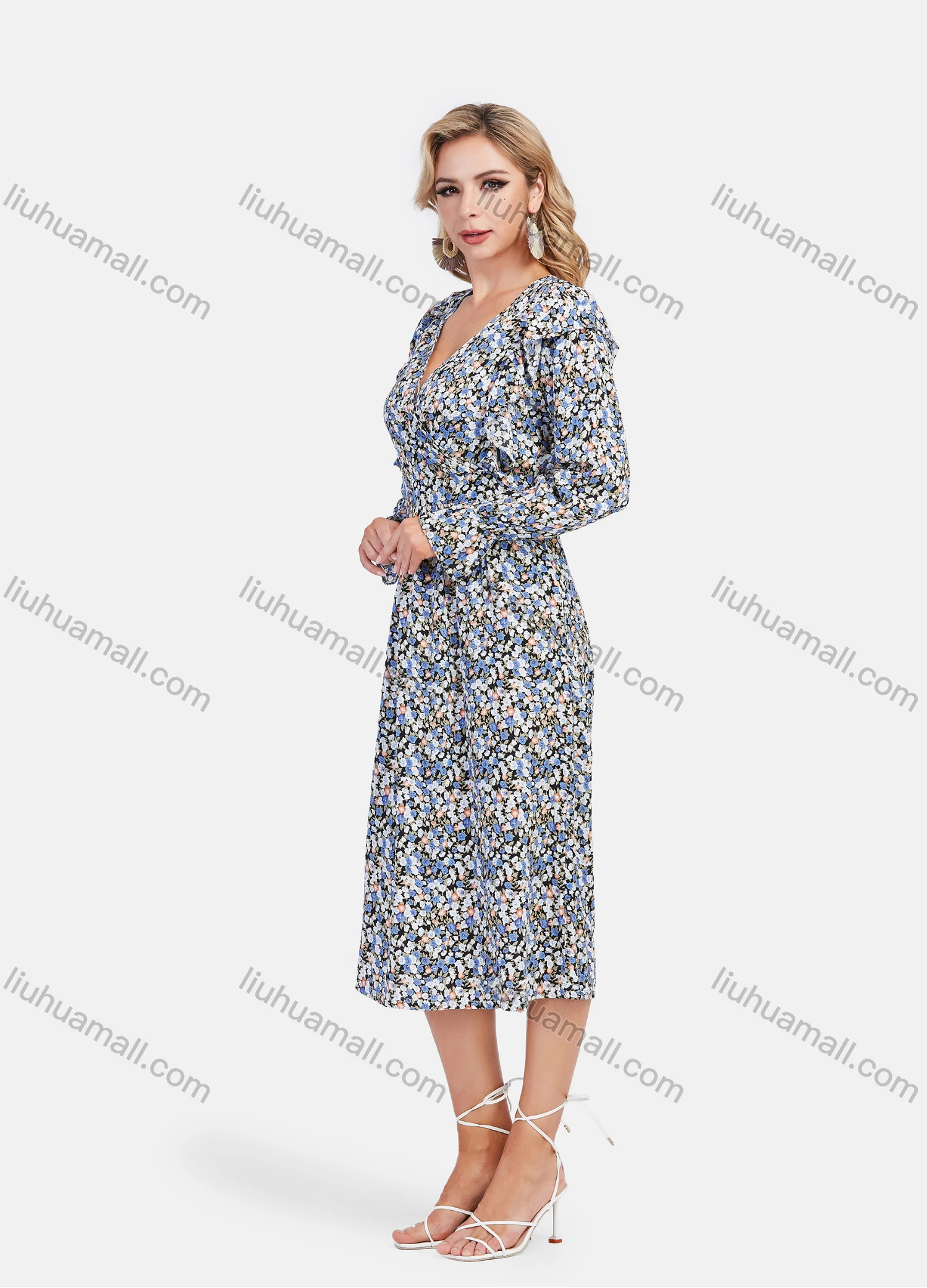 Wholesale Women's Casual Ruffle Long Sleeve Wrap V Neck Elastic Waist Floral Print Midi Dress - Liuhuamall