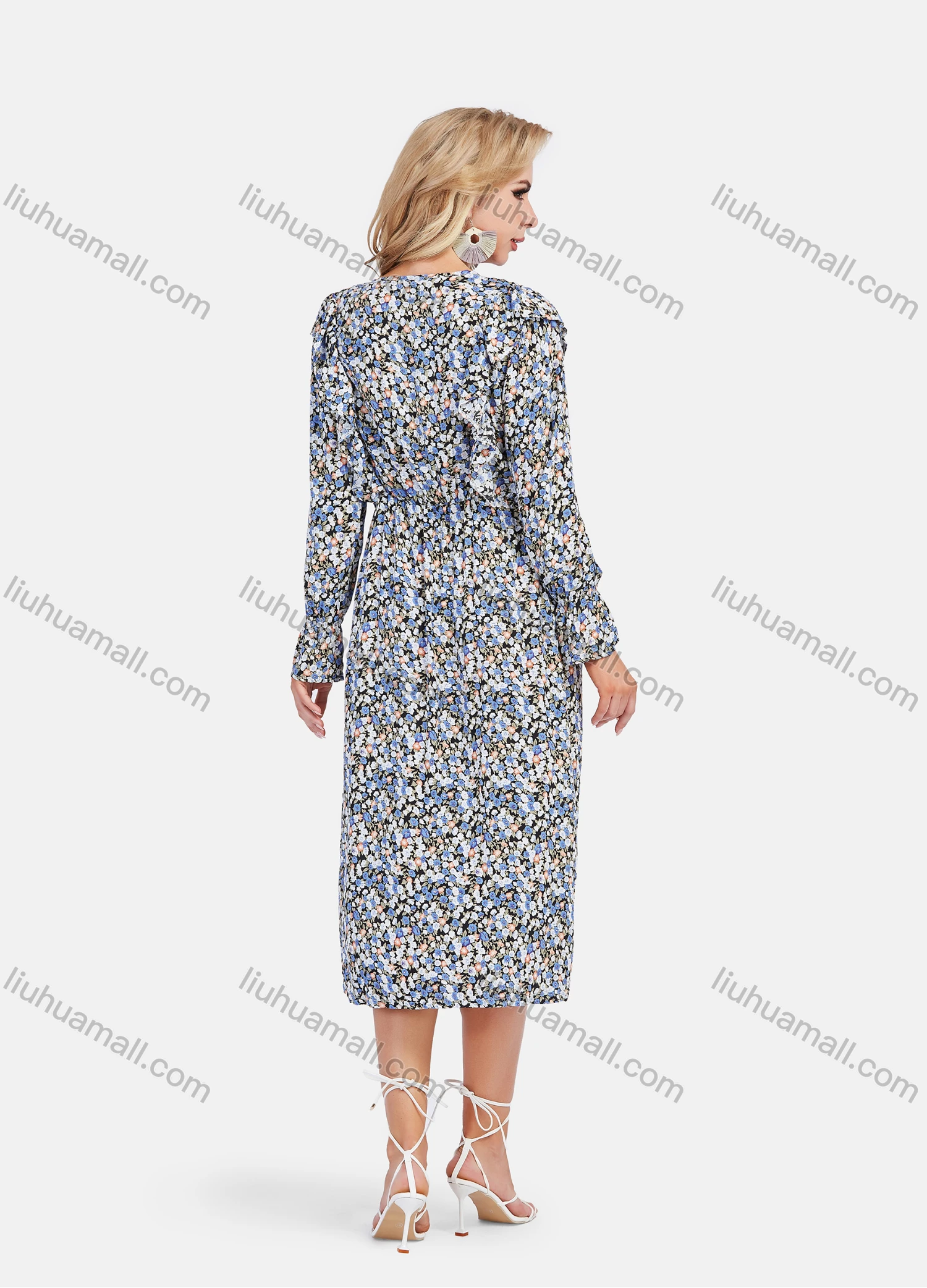 Wholesale Women's Casual Ruffle Long Sleeve Wrap V Neck Elastic Waist Floral Print Midi Dress - Liuhuamall