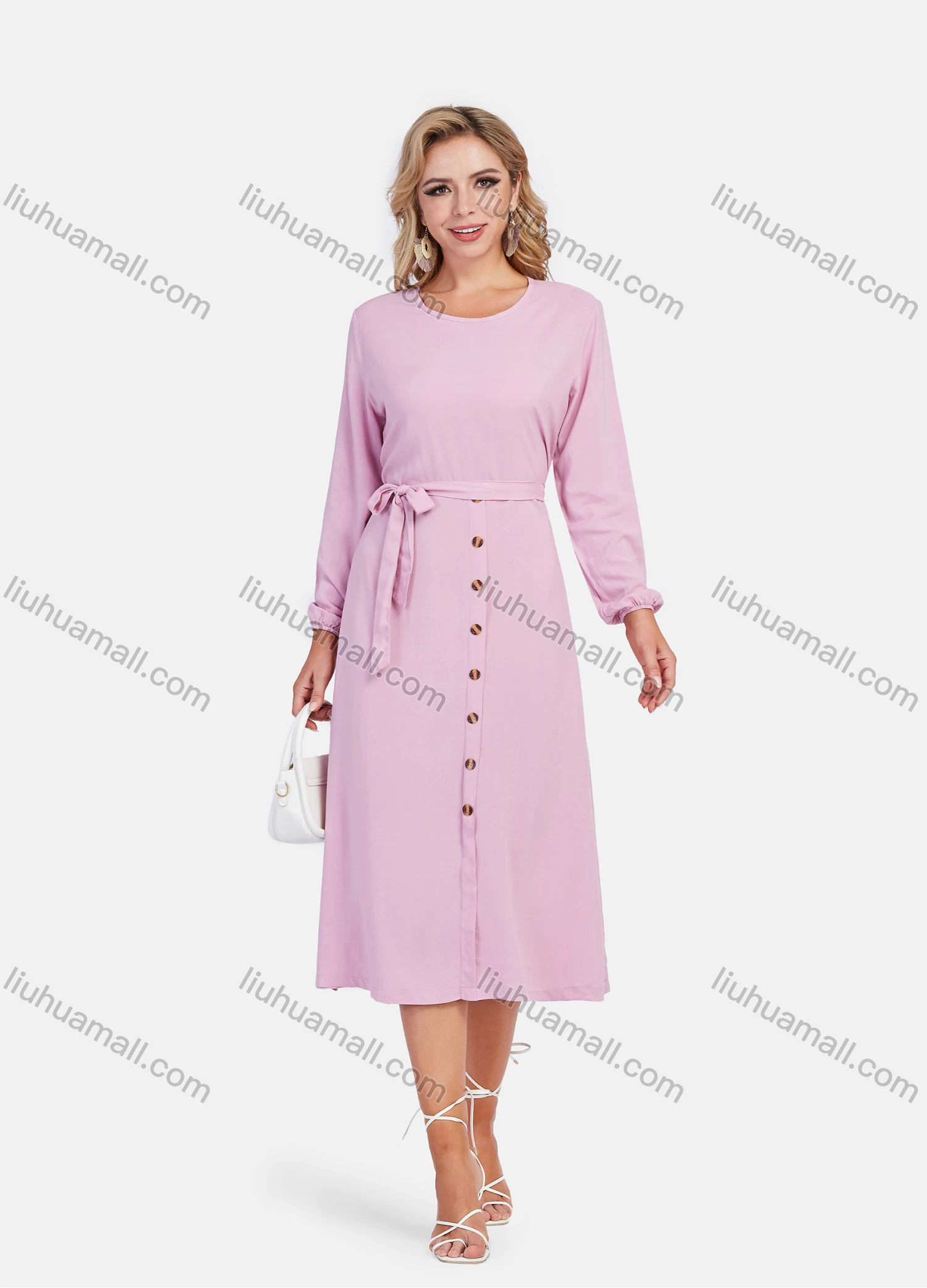 Wholesale Women's Casual Long Sleeve Round Neck Buttons Down Plain Midi Dress With Belt - Liuhuamall
