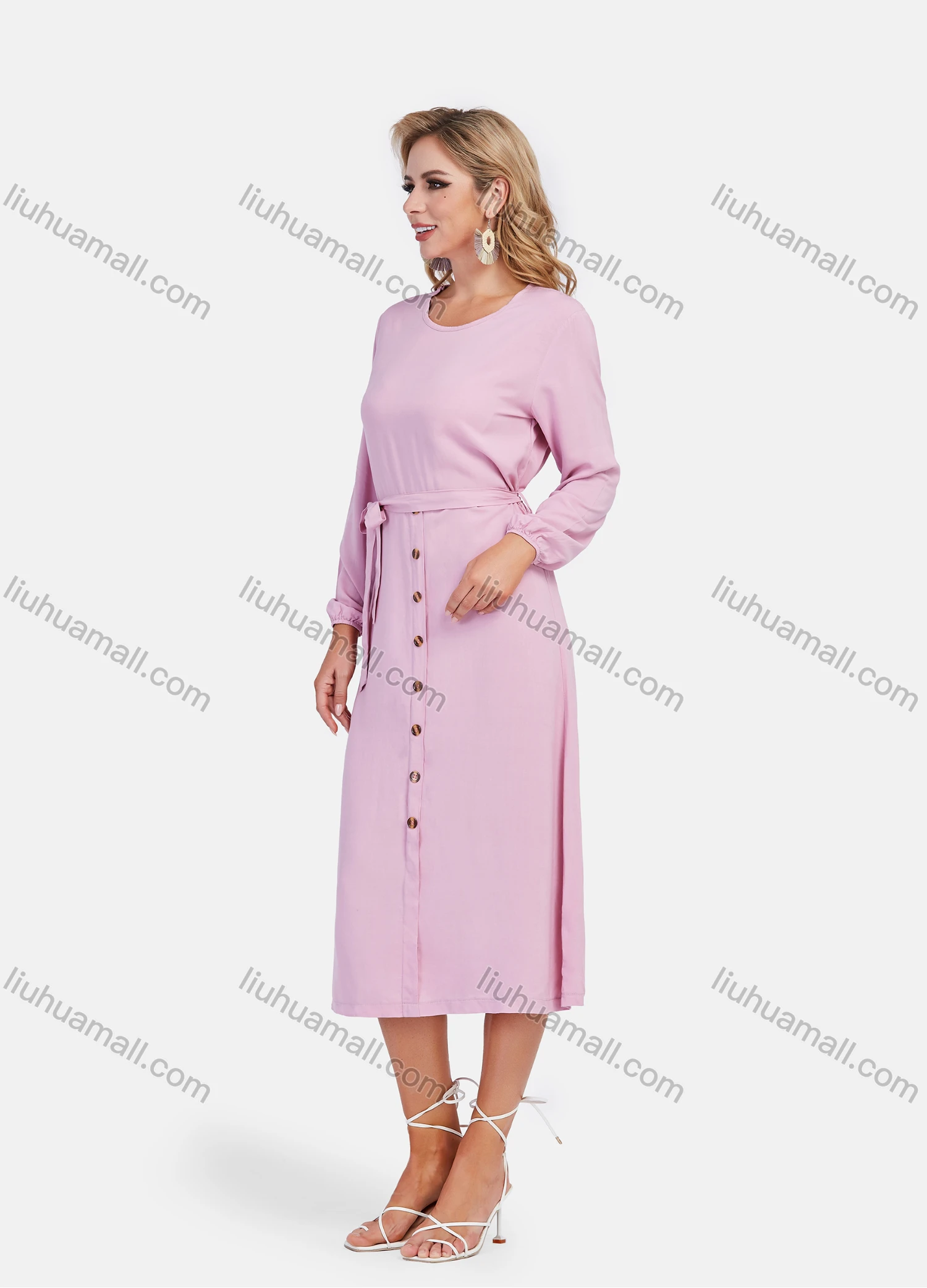 Wholesale Women's Casual Long Sleeve Round Neck Buttons Down Plain Midi Dress With Belt - Liuhuamall
