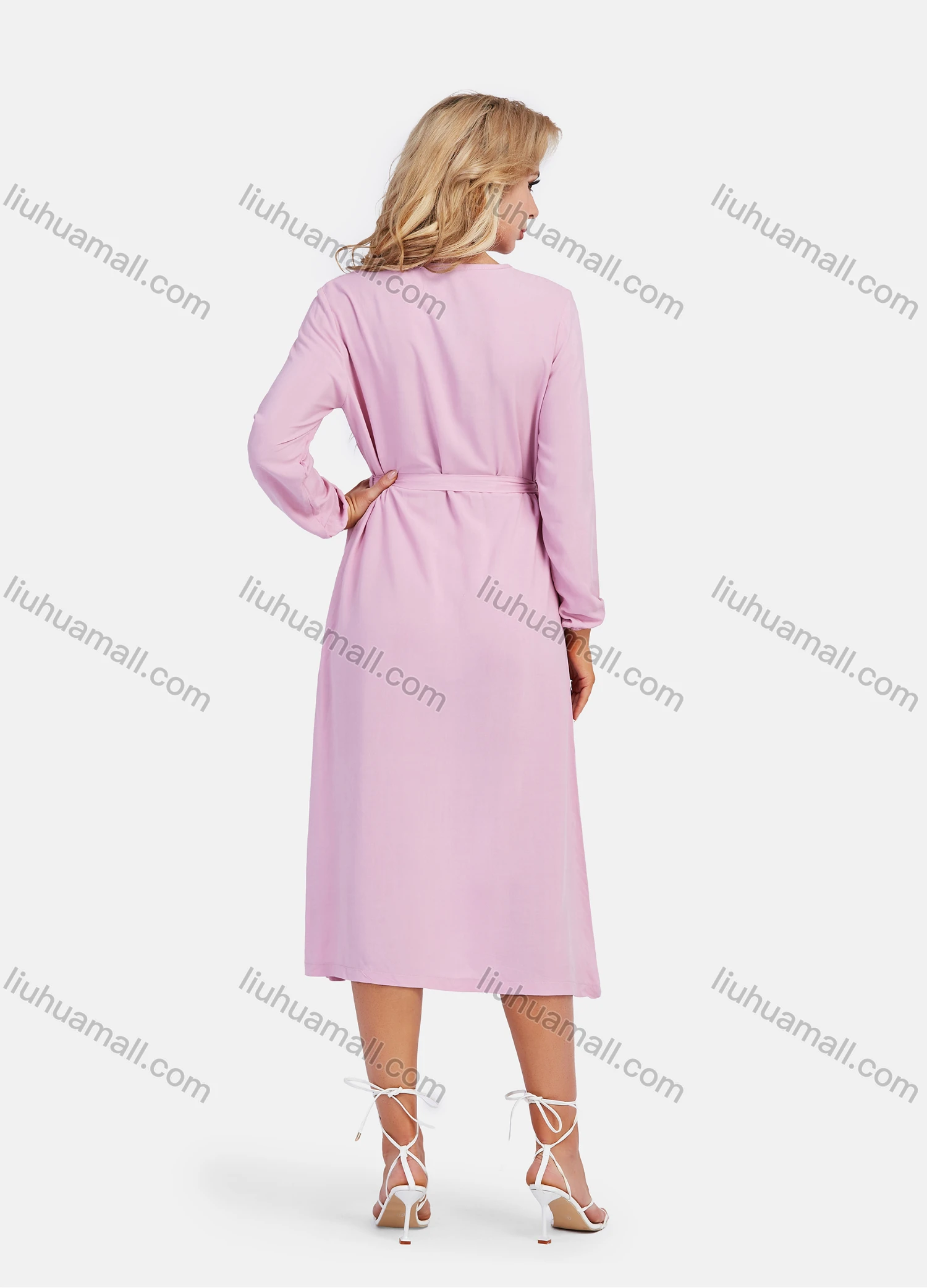 Wholesale Women's Casual Long Sleeve Round Neck Buttons Down Plain Midi Dress With Belt - Liuhuamall