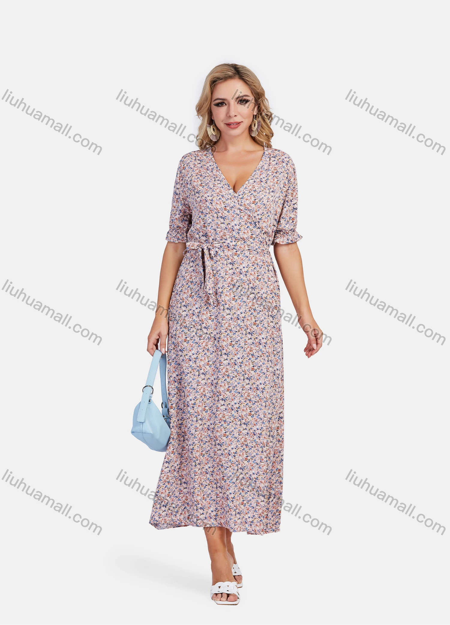 Wholesale Women's Ruffle Half Sleeve V Neck Allover Floral Print Maxi Casual Dress With Belt - Liuhuamall
