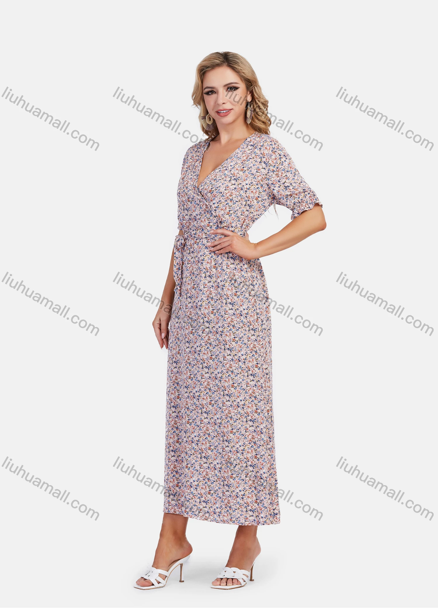 Wholesale Women's Ruffle Half Sleeve V Neck Allover Floral Print Maxi Casual Dress With Belt - Liuhuamall