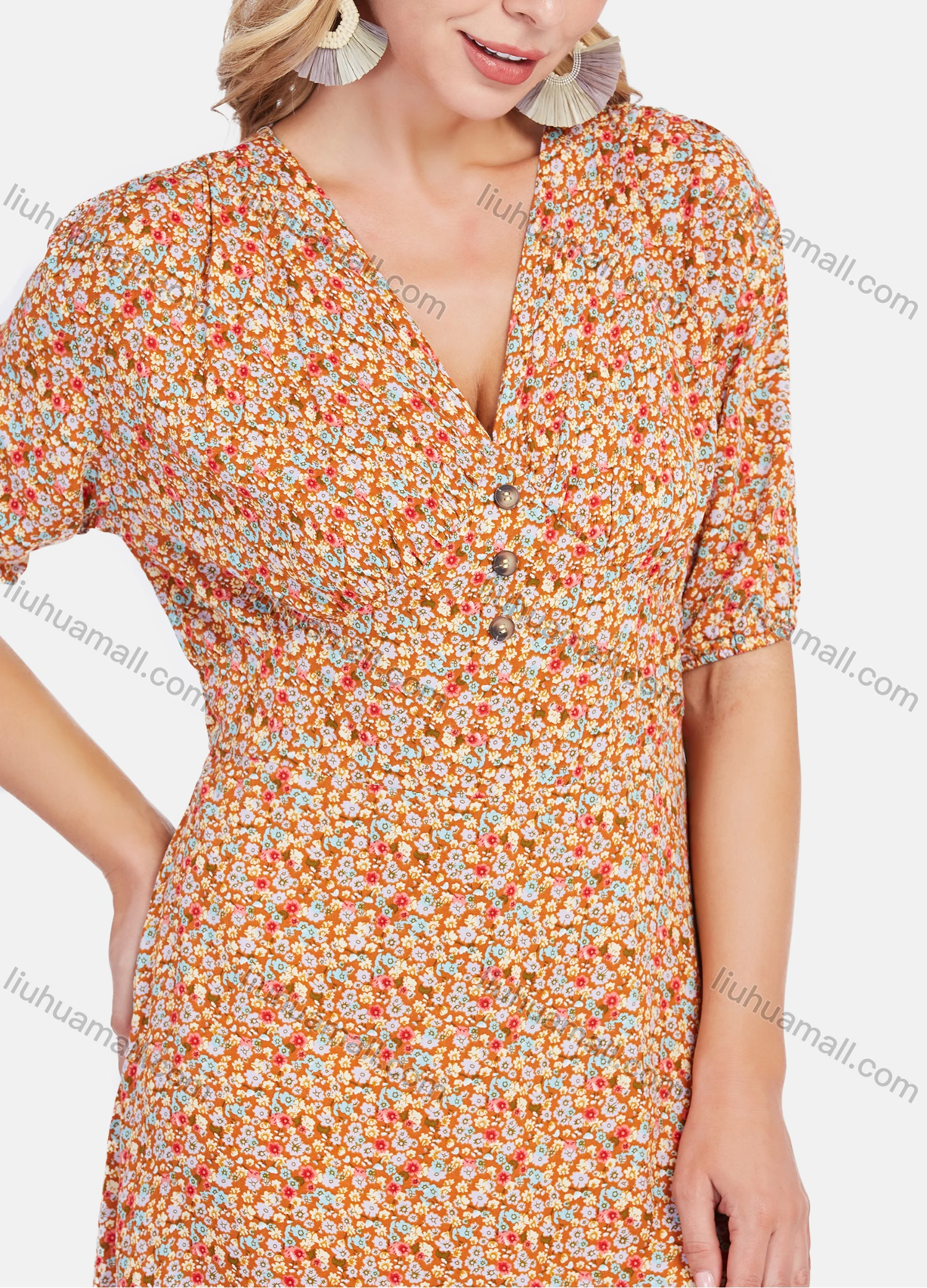 Wholesale Women's Casual V Neck Half Sleeve Allover Floral Print Midi Dress - Liuhuamall