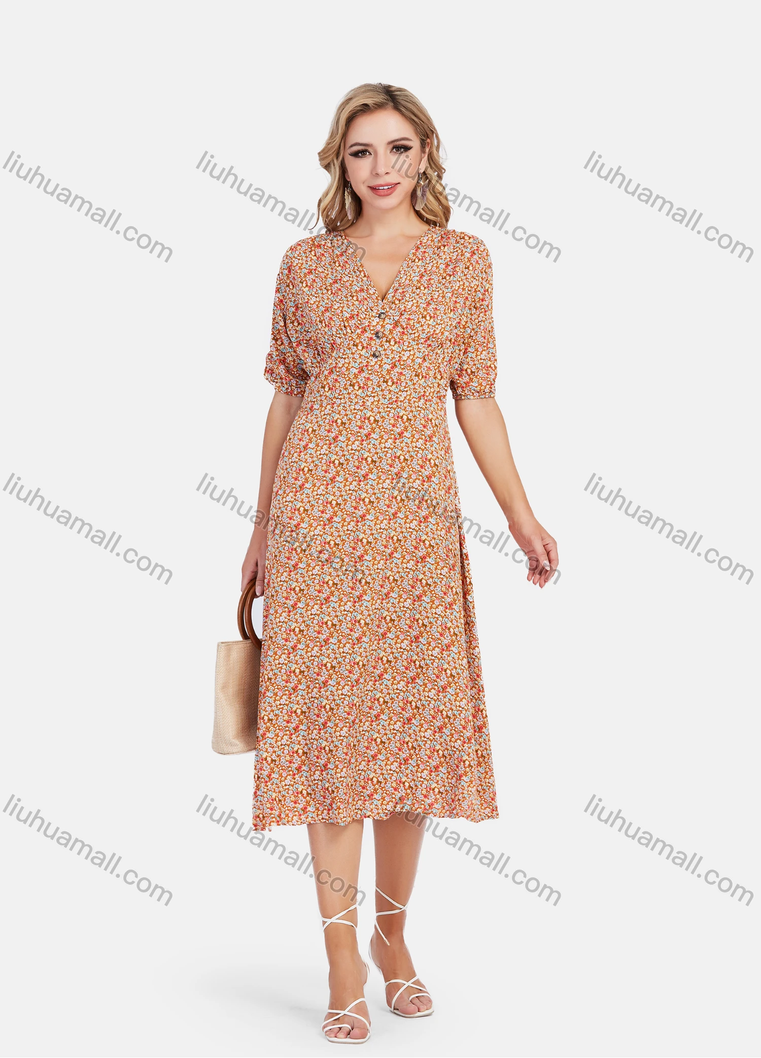 Wholesale Women's Casual V Neck Half Sleeve Allover Floral Print Midi Dress - Liuhuamall