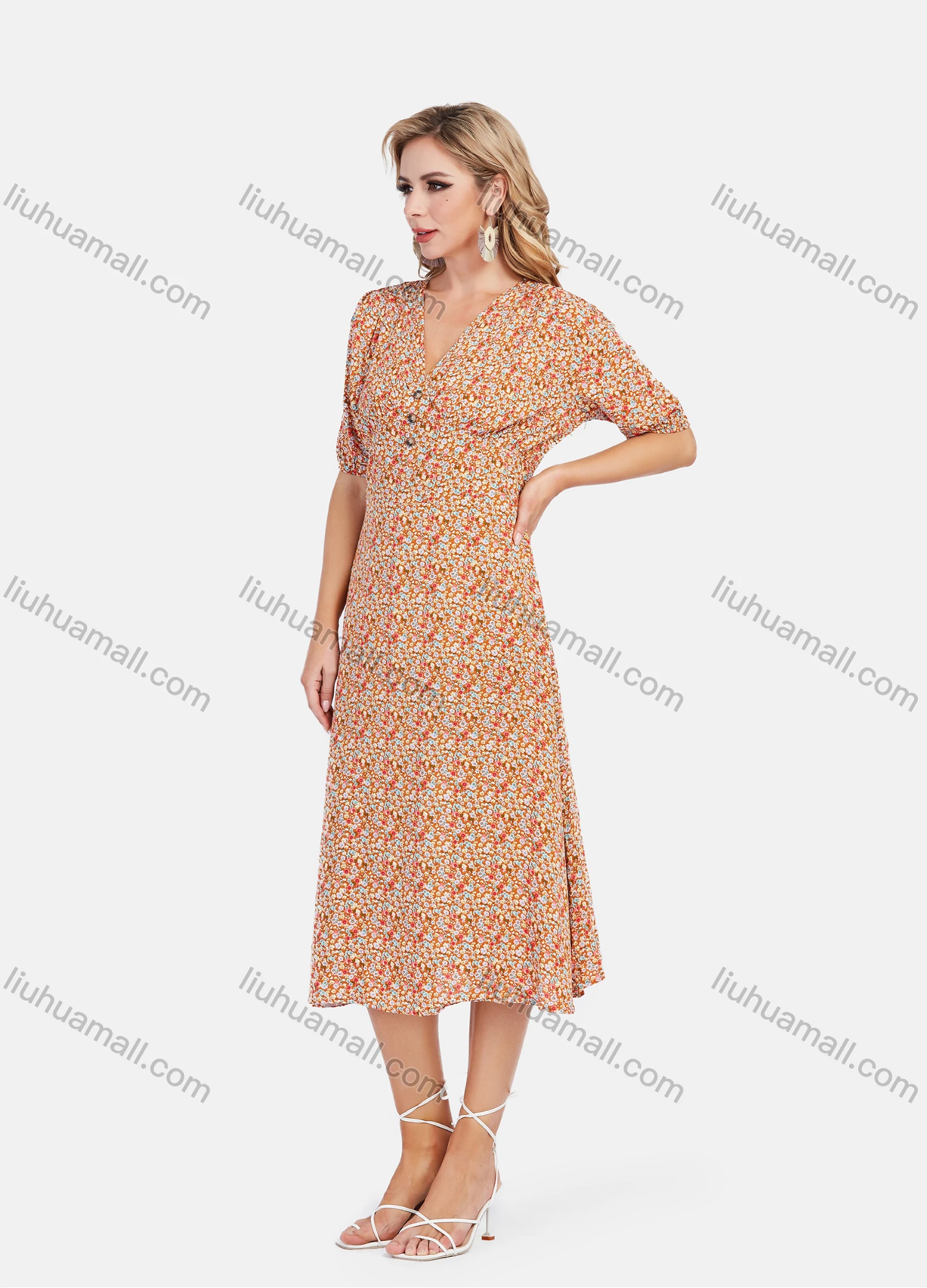 Wholesale Women's Casual V Neck Half Sleeve Allover Floral Print Midi Dress - Liuhuamall