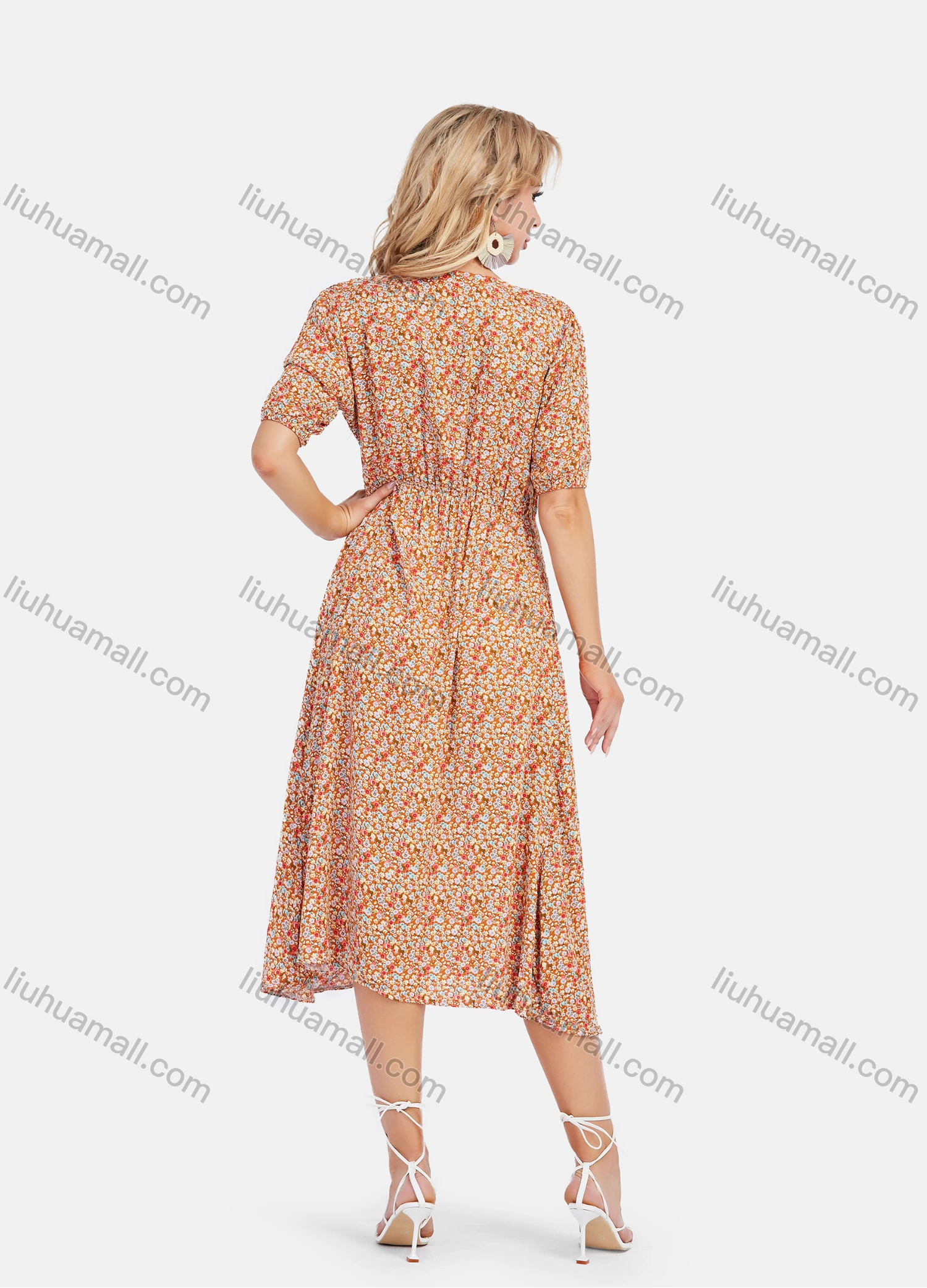 Wholesale Women's Casual V Neck Half Sleeve Allover Floral Print Midi Dress - Liuhuamall