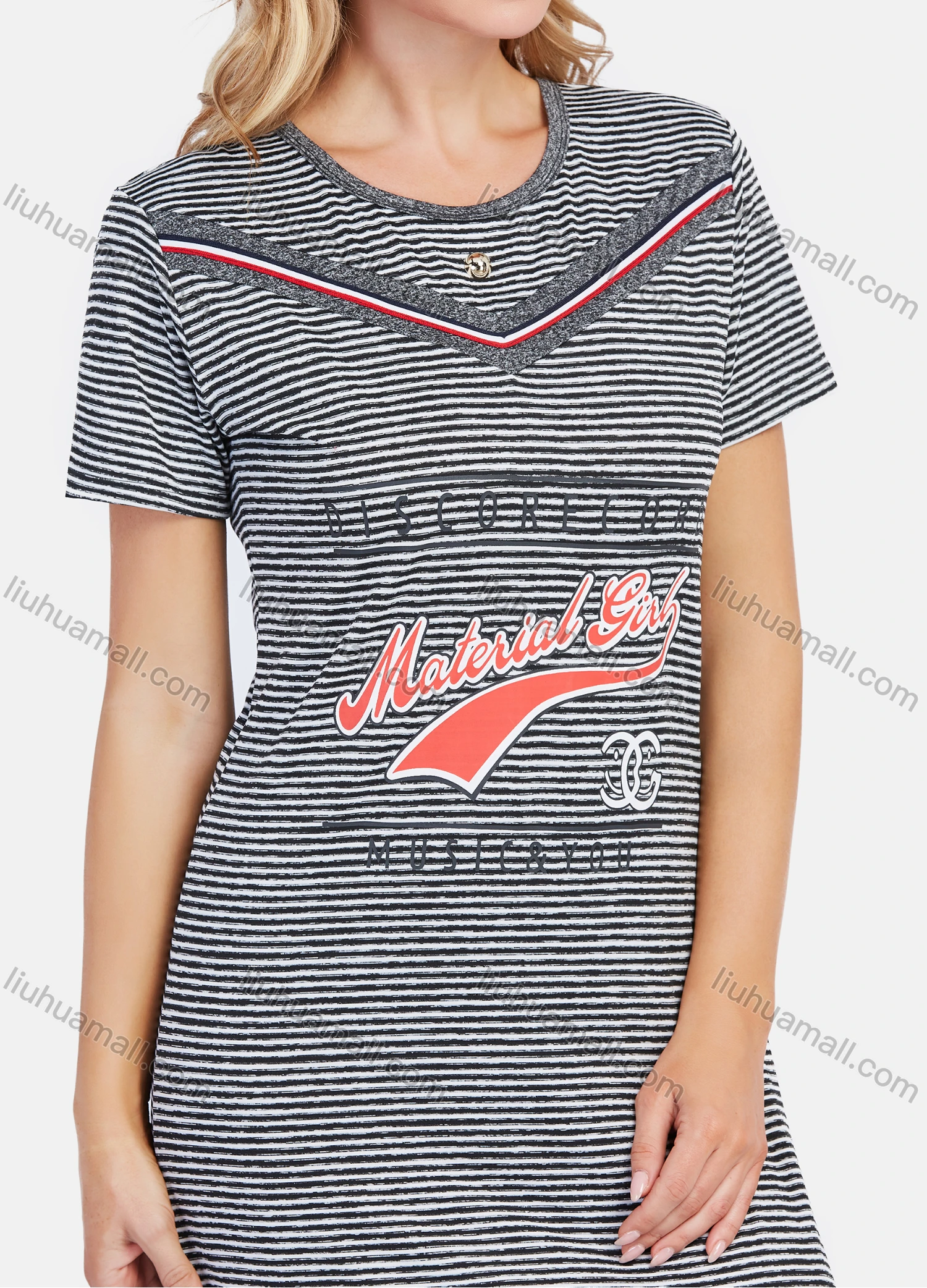 Wholesale Women's Casual Round Neck Striped Letter Graphic Maxi Tee Dress - Liuhuamall