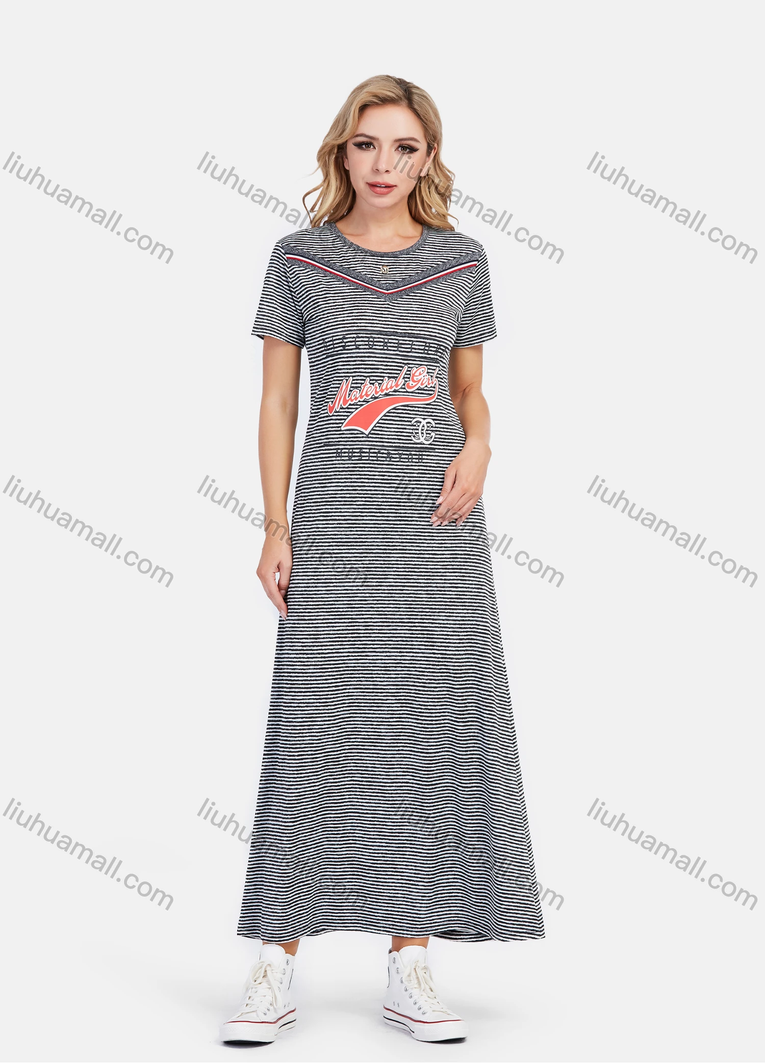 Wholesale Women's Casual Round Neck Striped Letter Graphic Maxi Tee Dress - Liuhuamall