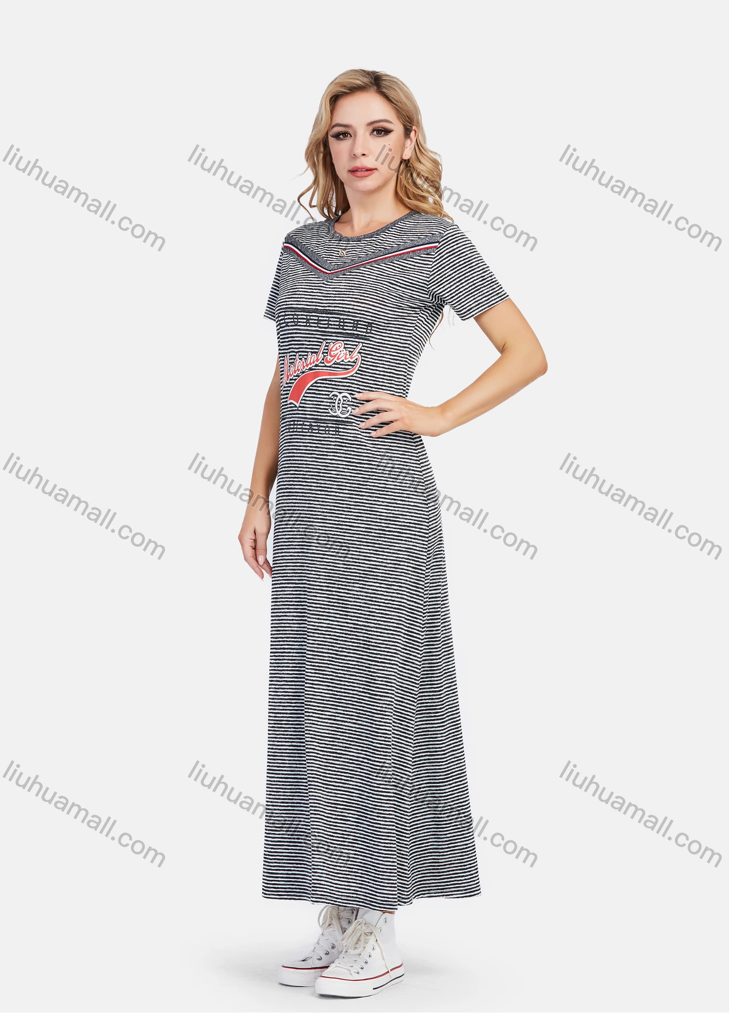 Wholesale Women's Casual Round Neck Striped Letter Graphic Maxi Tee Dress - Liuhuamall
