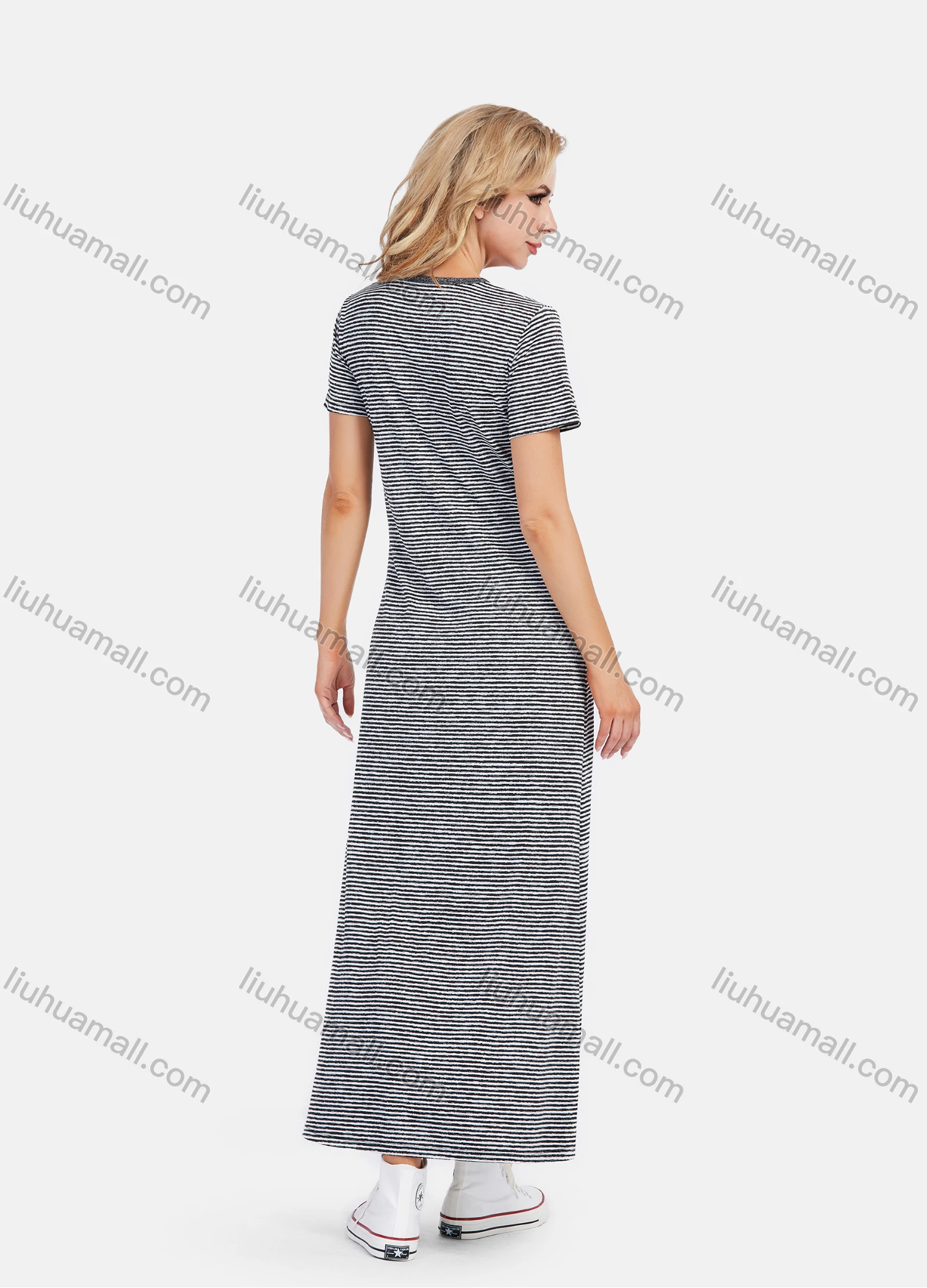 Wholesale Women's Casual Round Neck Striped Letter Graphic Maxi Tee Dress - Liuhuamall