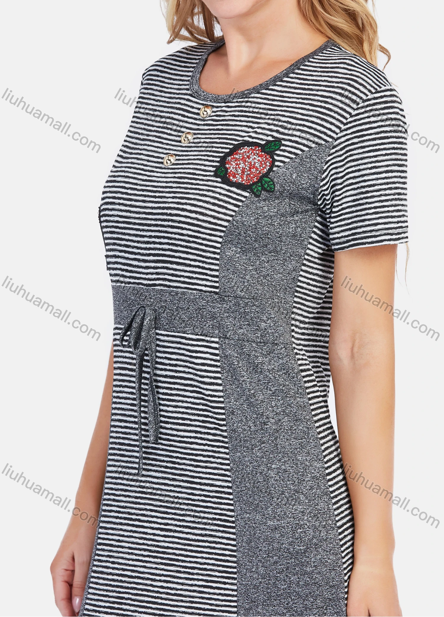 Wholesale Women's Casual Round Neck Button Decor Striped Print Maxi Tee Dress - Liuhuamall