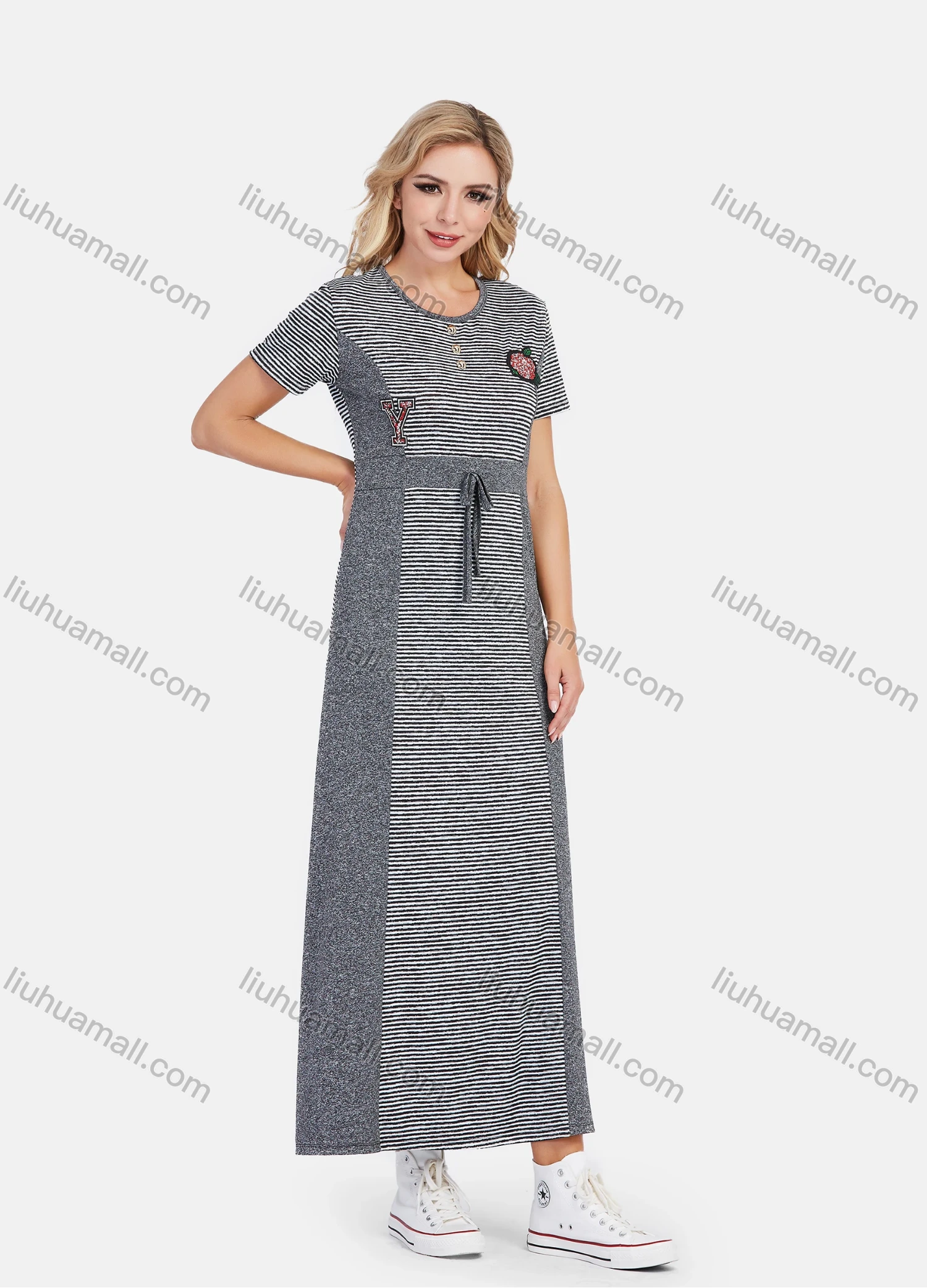 Wholesale Women's Casual Round Neck Button Decor Striped Print Maxi Tee Dress - Liuhuamall