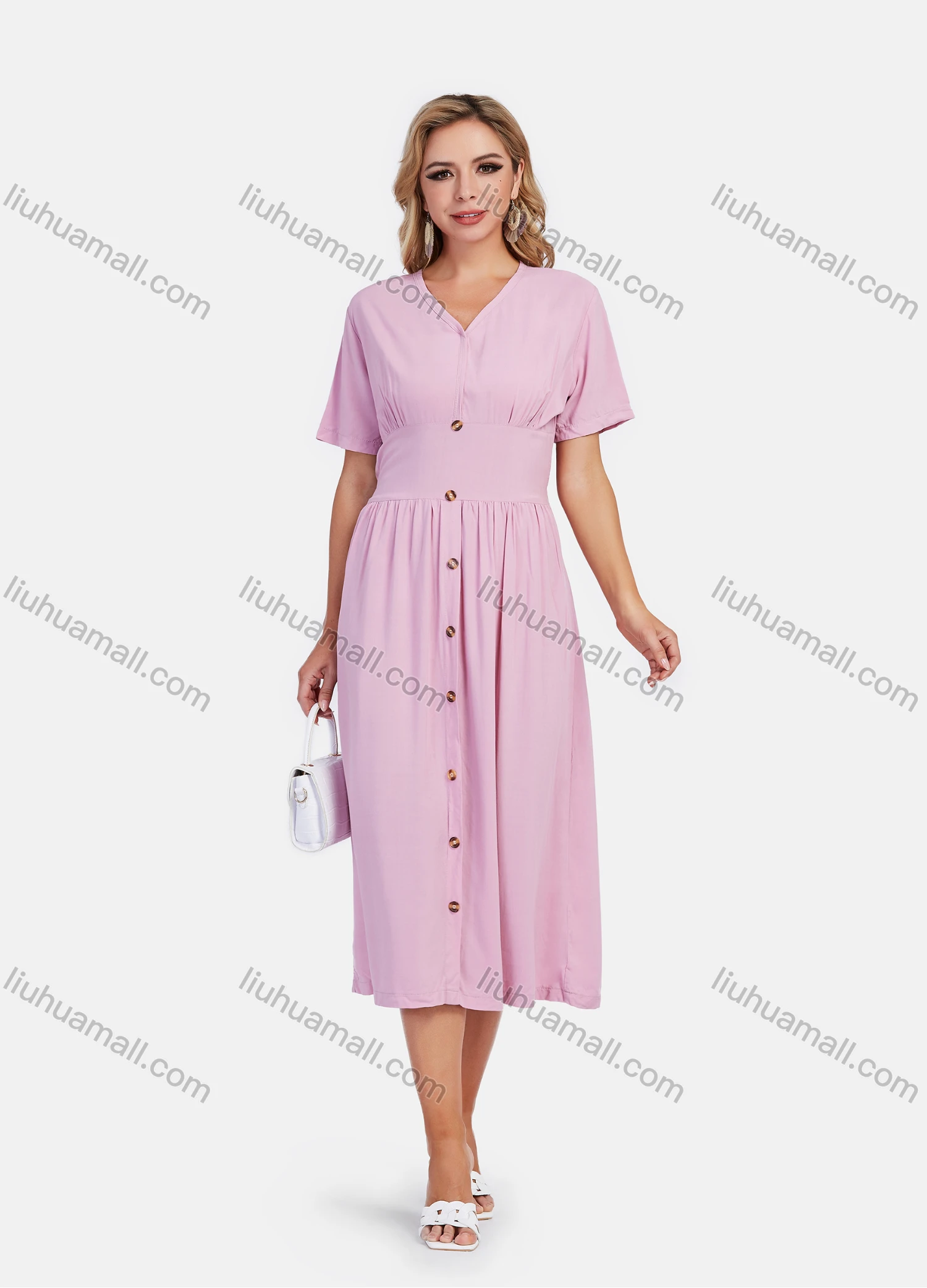 Wholesale Women's High Waist Casual V Neck Short Sleeve Button Decor Plain Midi Dress - Liuhuamall