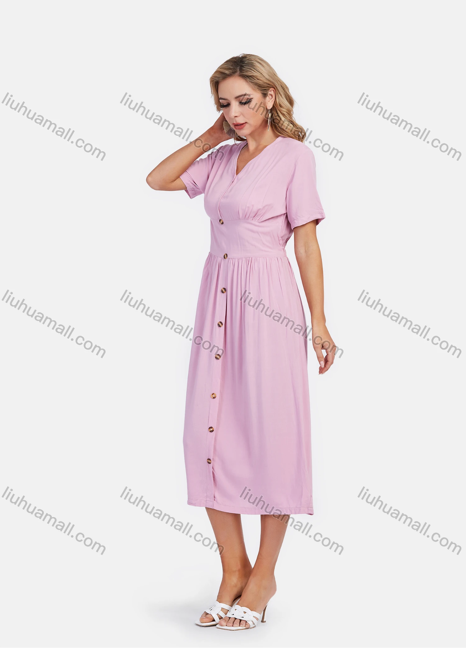 Wholesale Women's High Waist Casual V Neck Short Sleeve Button Decor Plain Midi Dress - Liuhuamall