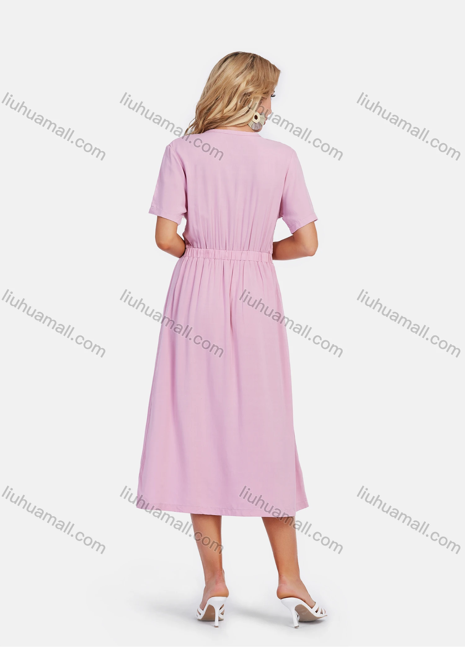 Wholesale Women's High Waist Casual V Neck Short Sleeve Button Decor Plain Midi Dress - Liuhuamall