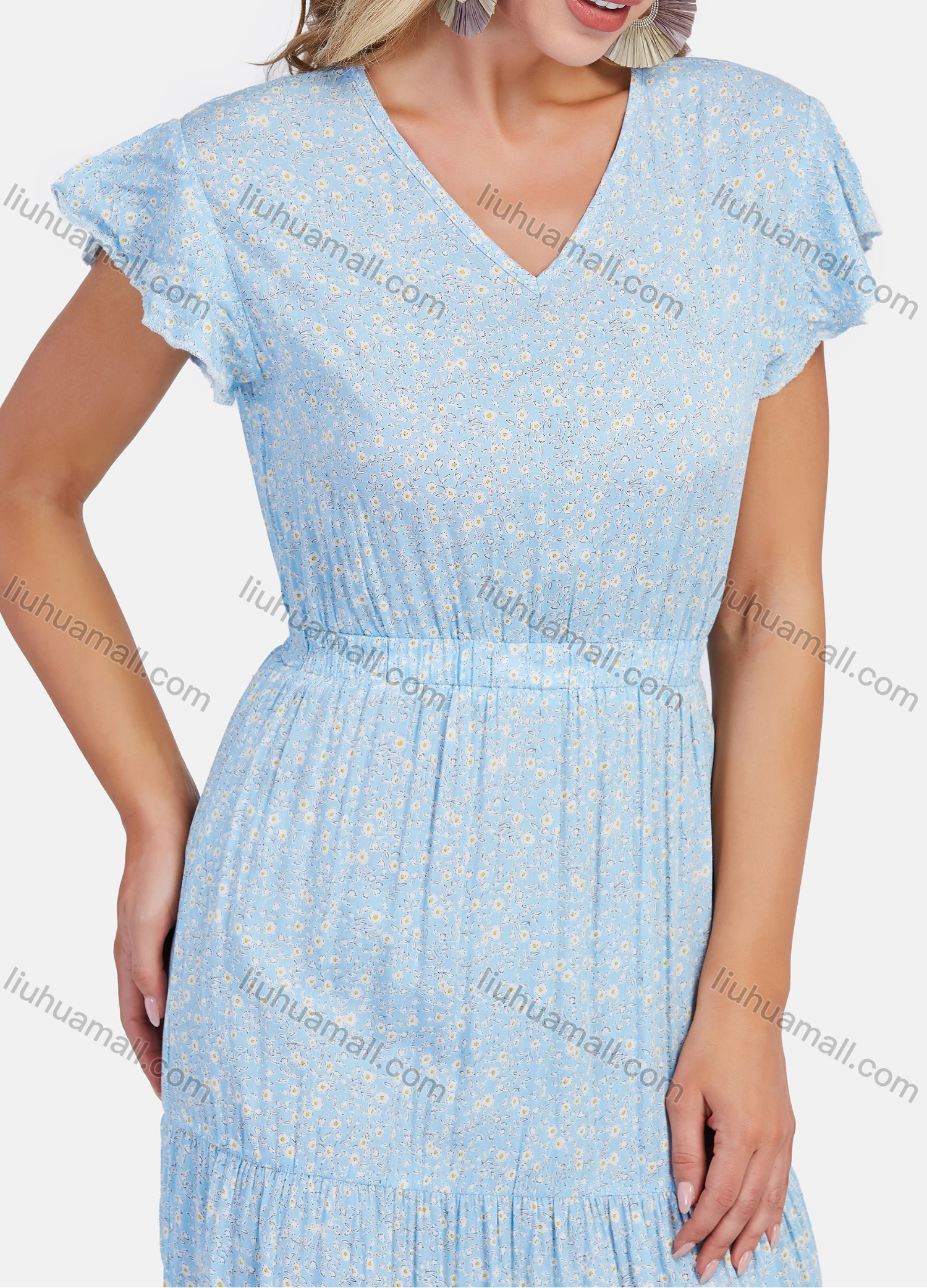 Wholesale Women's Casual V Neck Elastic Waist Floral Print Ruffle Sleeve Maxi Dress - Liuhuamall