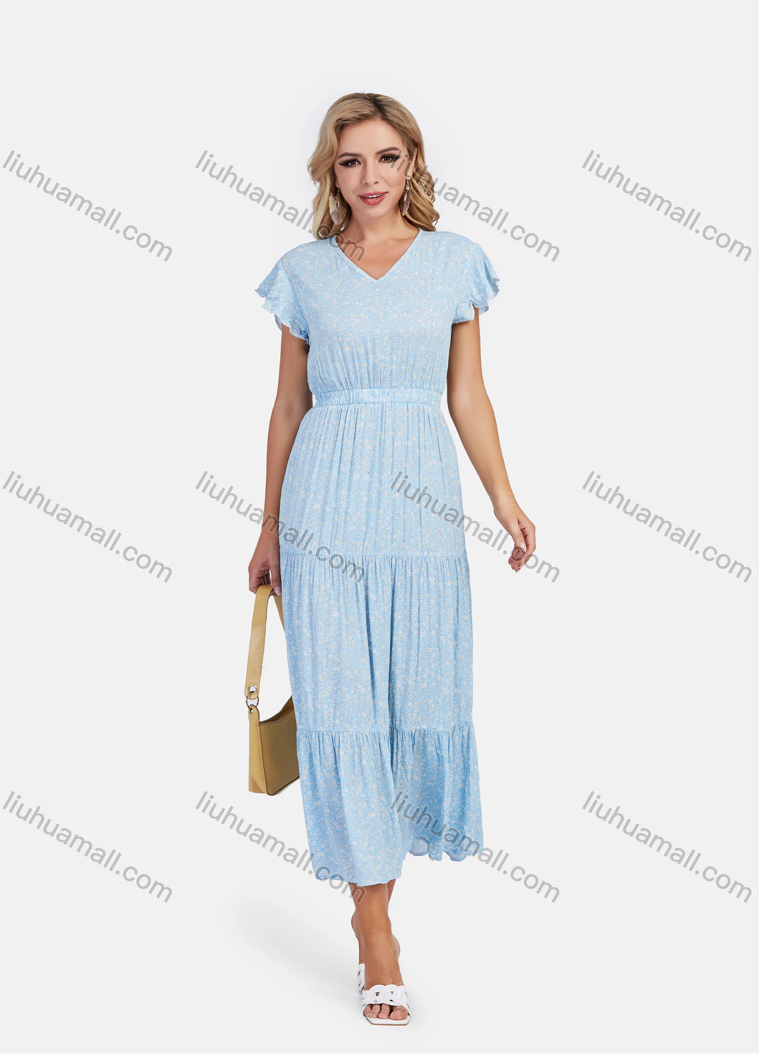 Wholesale Women's Casual V Neck Elastic Waist Floral Print Ruffle Sleeve Maxi Dress - Liuhuamall