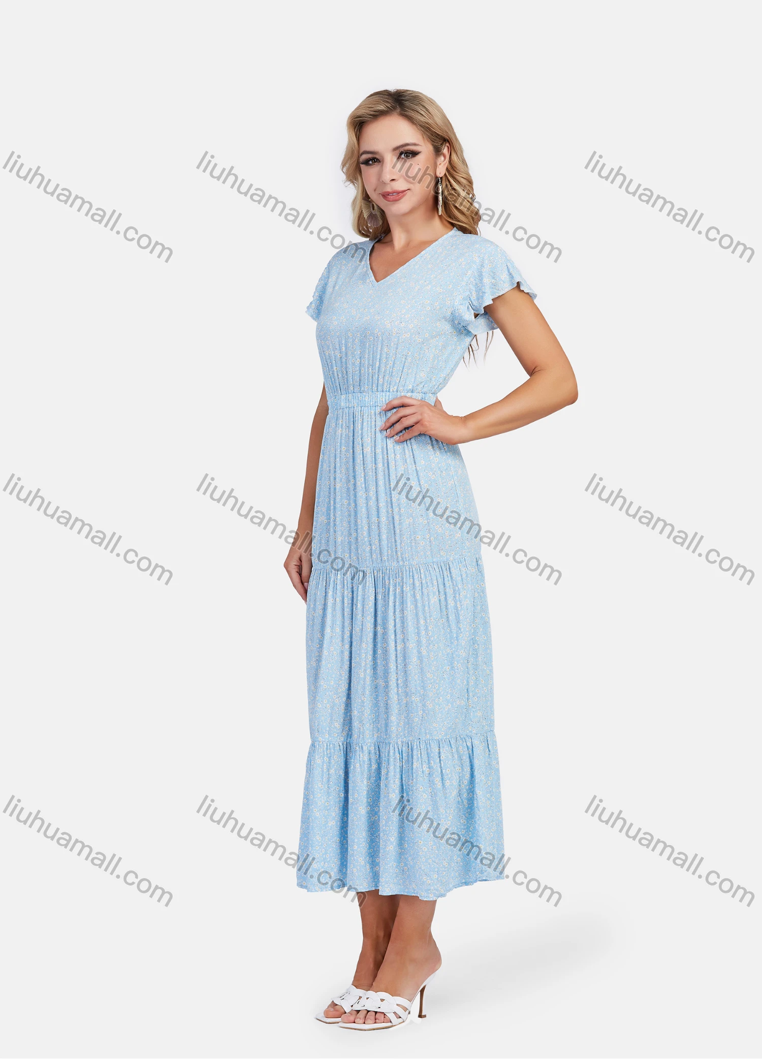 Wholesale Women's Casual V Neck Elastic Waist Floral Print Ruffle Sleeve Maxi Dress - Liuhuamall