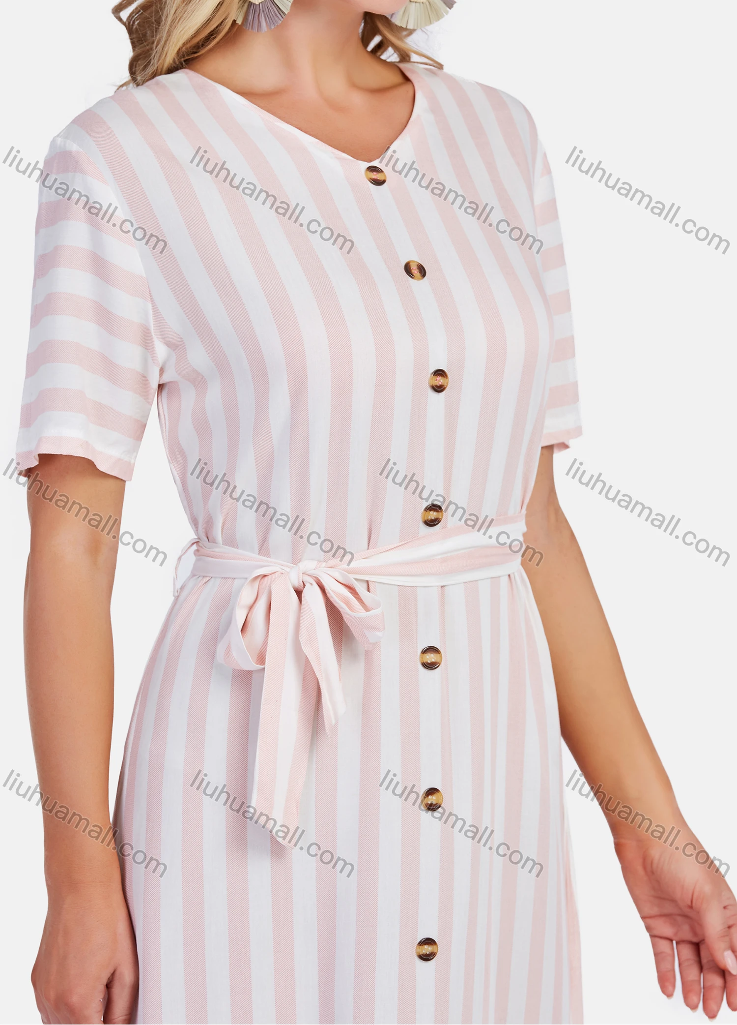 Wholesale Women's Casual V Neck Short Sleeve Striped Print Buttons Decor Midi Dress With Tie Belt - Liuhuamall