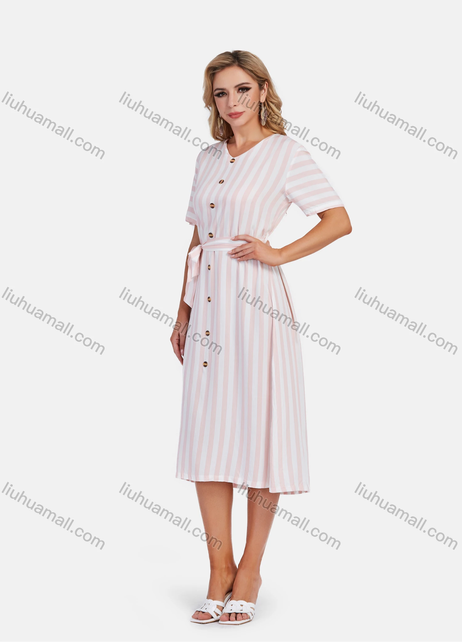 Wholesale Women's Casual V Neck Short Sleeve Striped Print Buttons Decor Midi Dress With Tie Belt - Liuhuamall