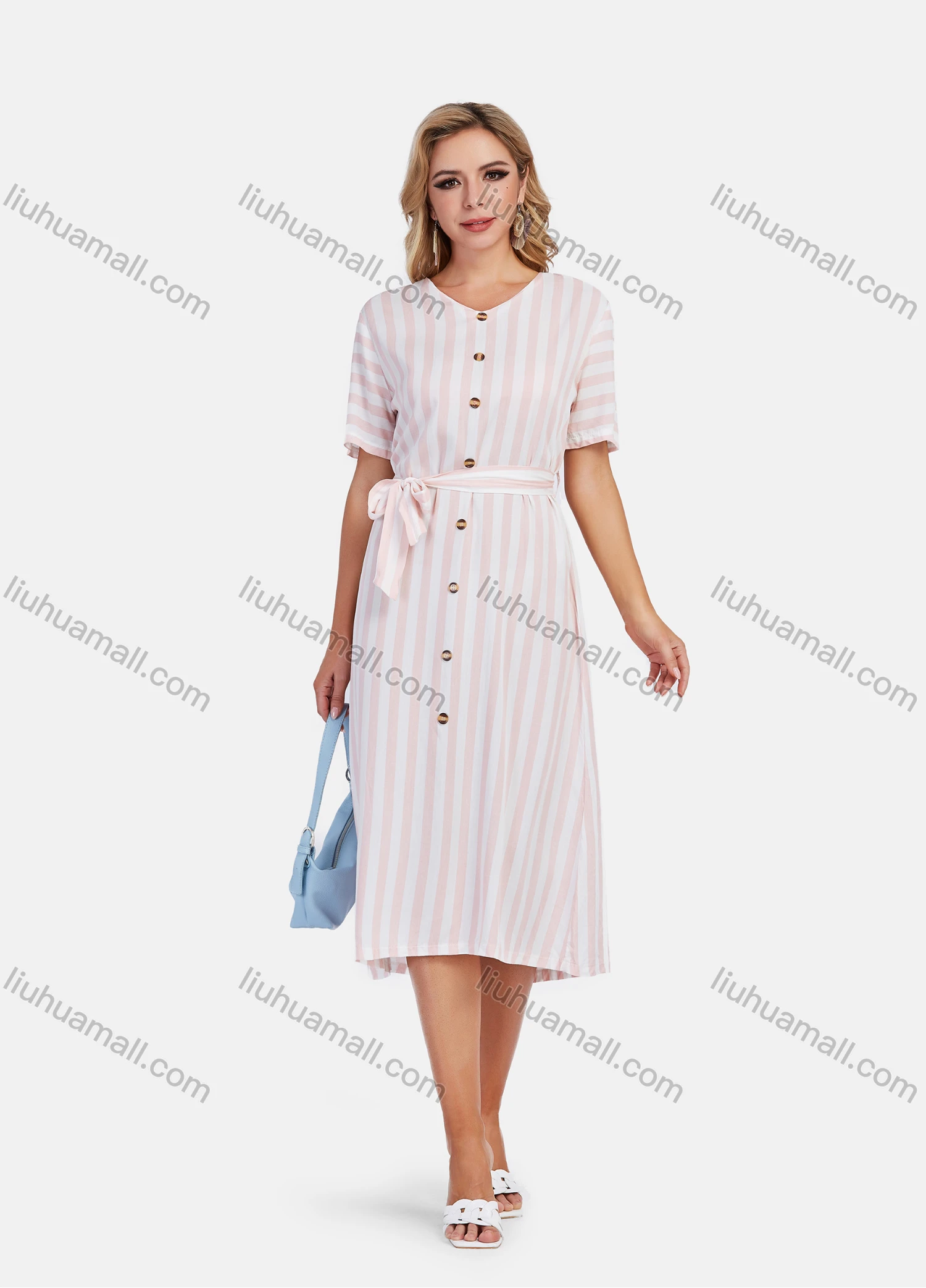 Wholesale Women's Casual V Neck Short Sleeve Striped Print Buttons Decor Midi Dress With Tie Belt - Liuhuamall
