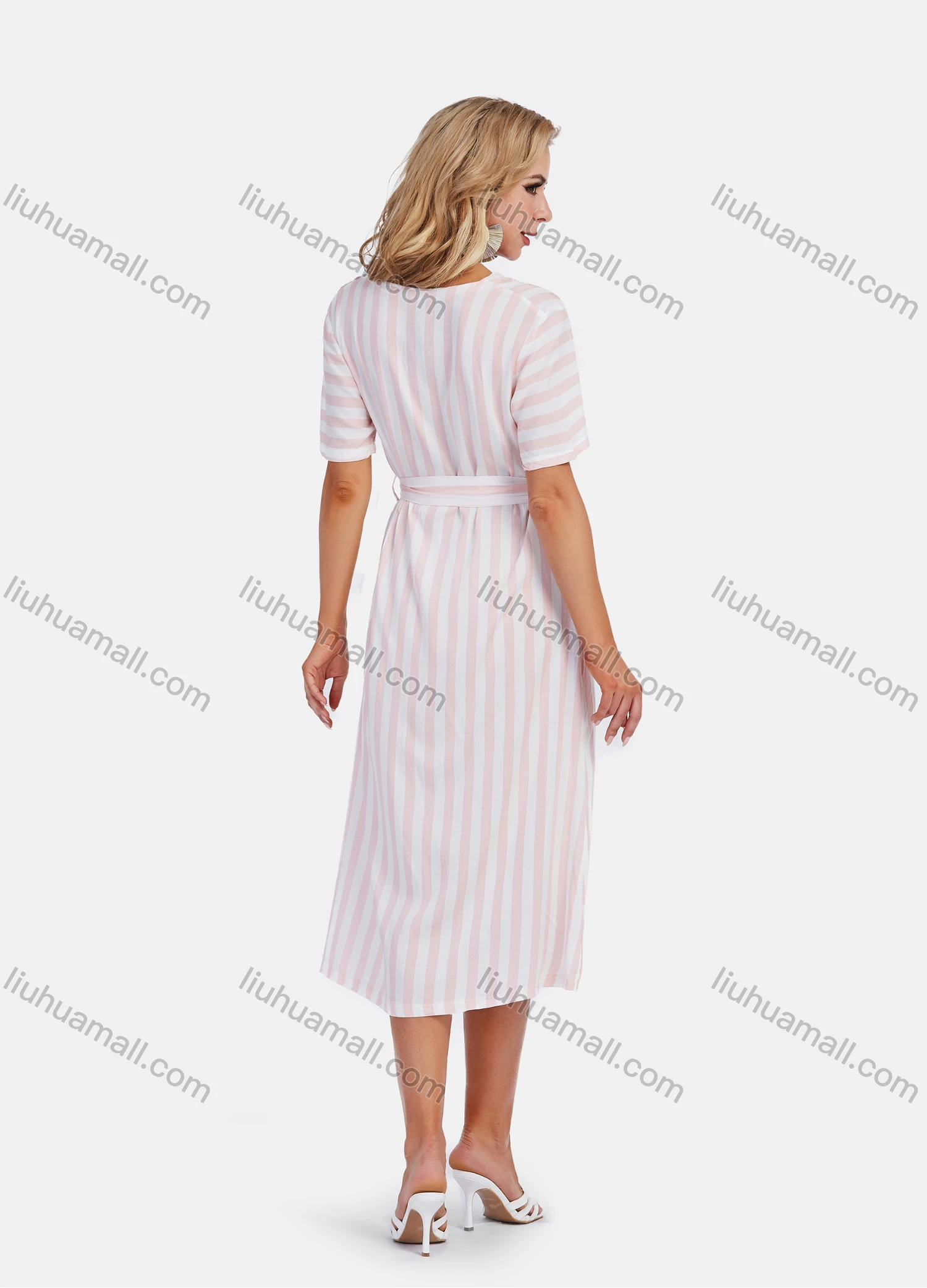 Wholesale Women's Casual V Neck Short Sleeve Striped Print Buttons Decor Midi Dress With Tie Belt - Liuhuamall