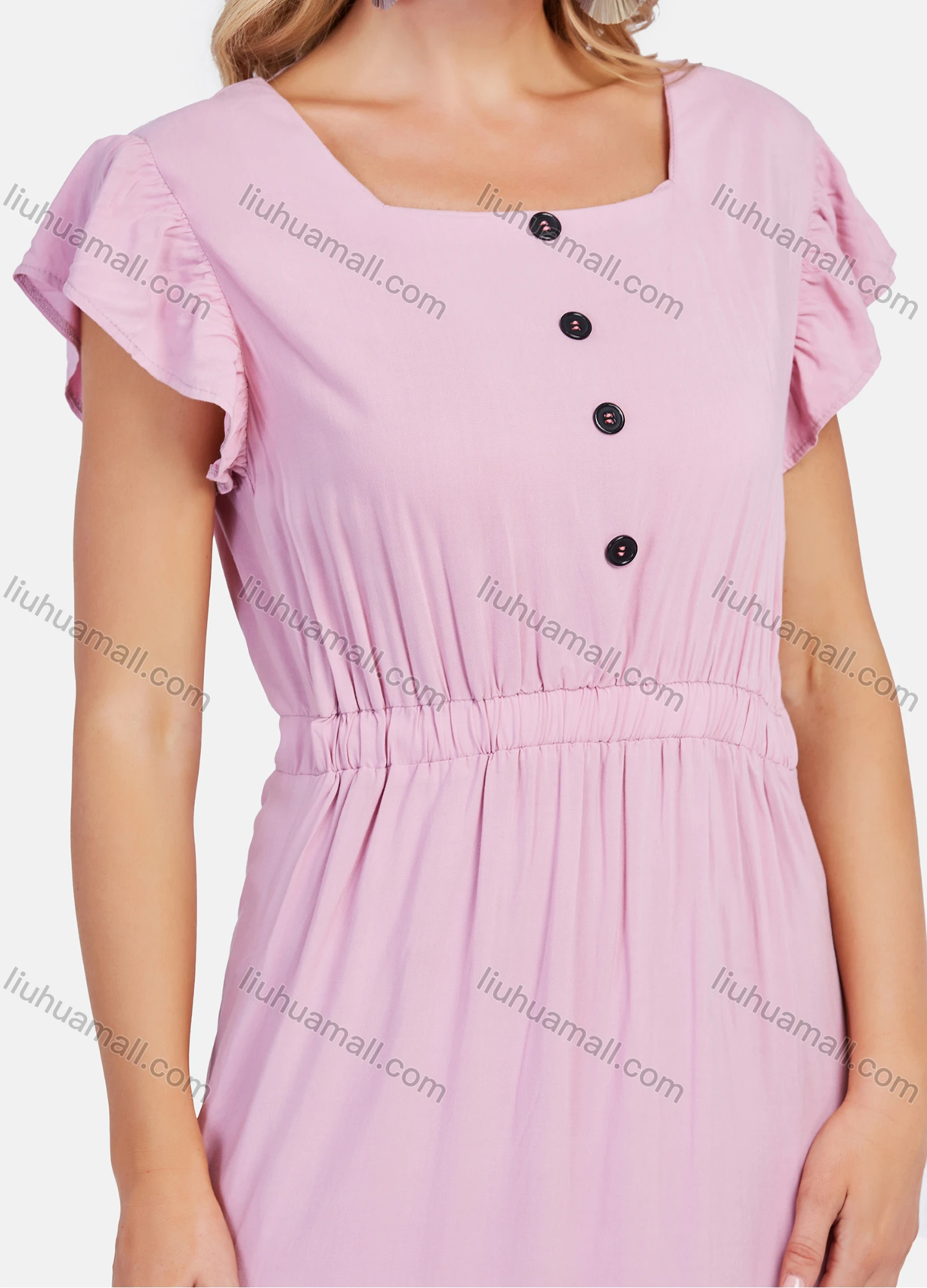 Wholesale Women's Casual Bateau Neck Ruffle Sleeve Buttons Decor Elastic Waist Midi Dress - Liuhuamall