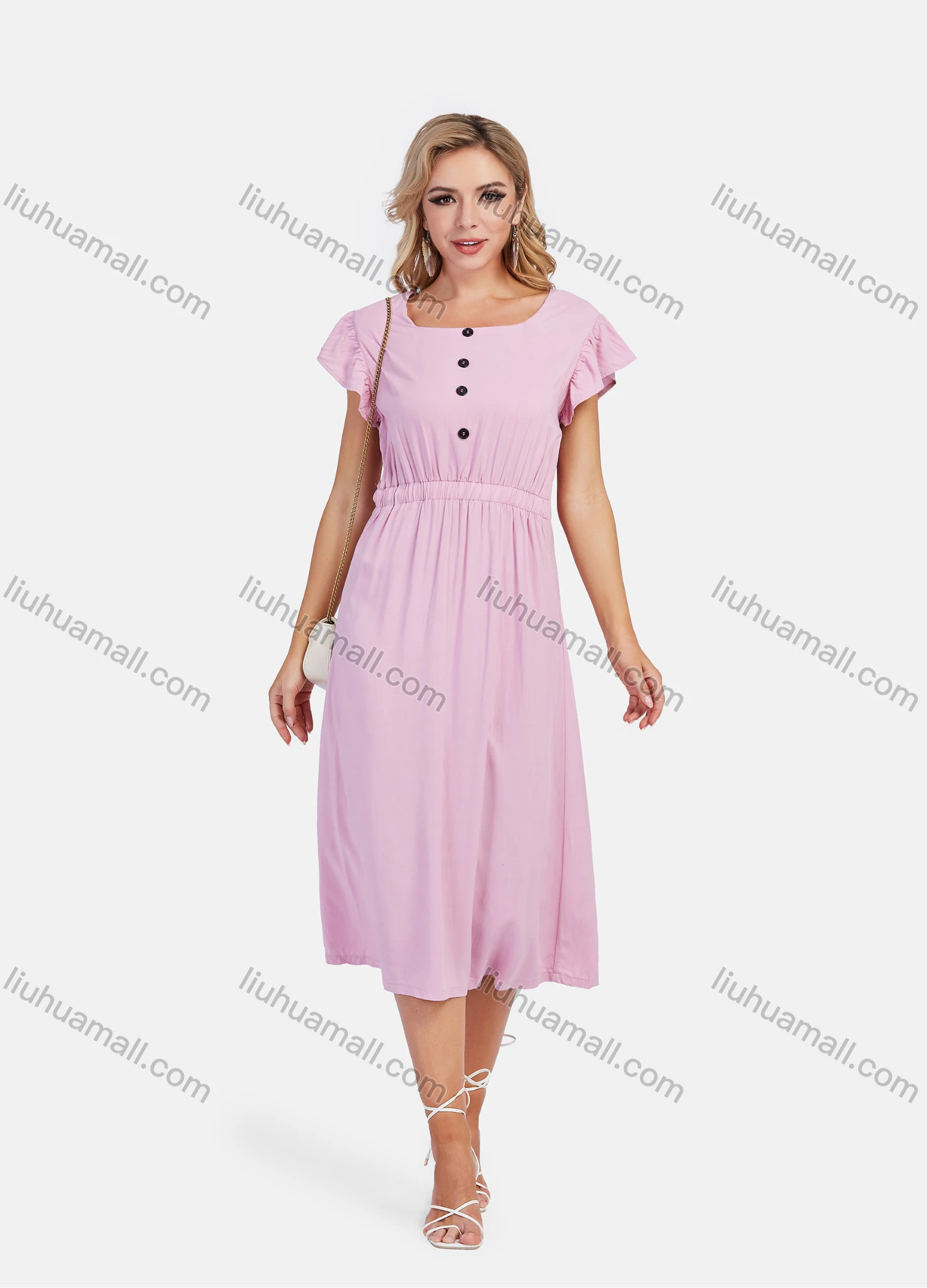 Wholesale Women's Casual Bateau Neck Ruffle Sleeve Buttons Decor Elastic Waist Midi Dress - Liuhuamall