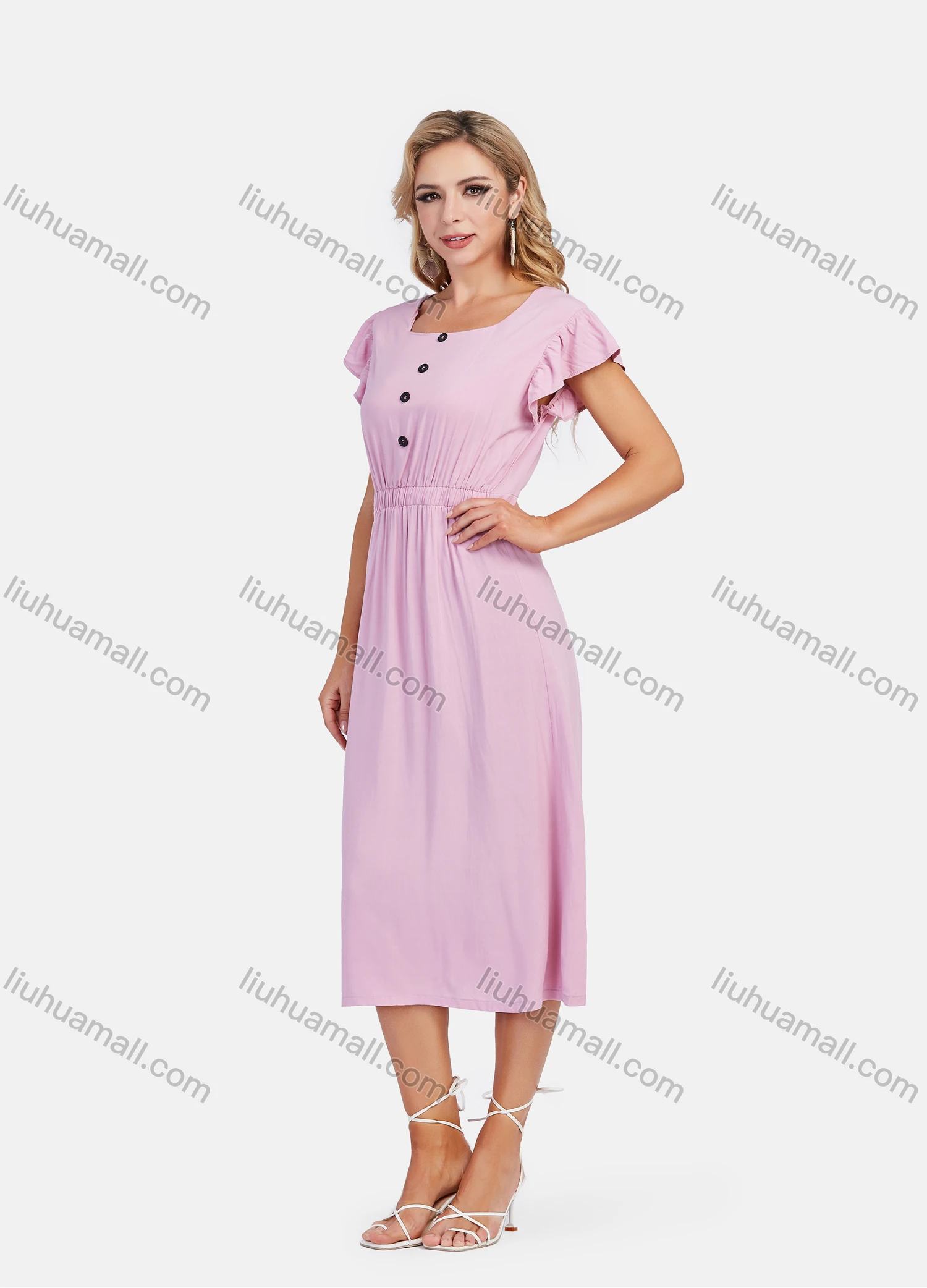 Wholesale Women's Casual Bateau Neck Ruffle Sleeve Buttons Decor Elastic Waist Midi Dress - Liuhuamall
