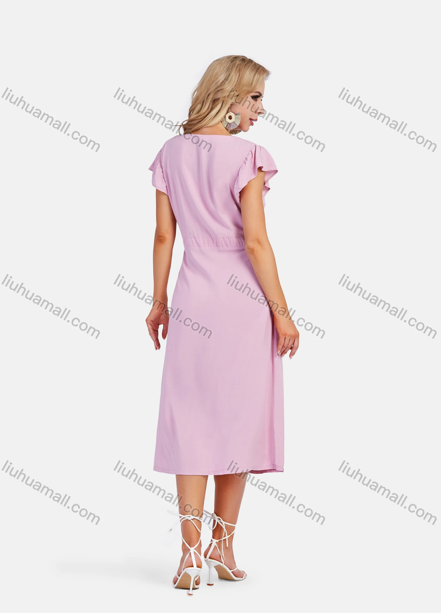 Wholesale Women's Casual Bateau Neck Ruffle Sleeve Buttons Decor Elastic Waist Midi Dress - Liuhuamall