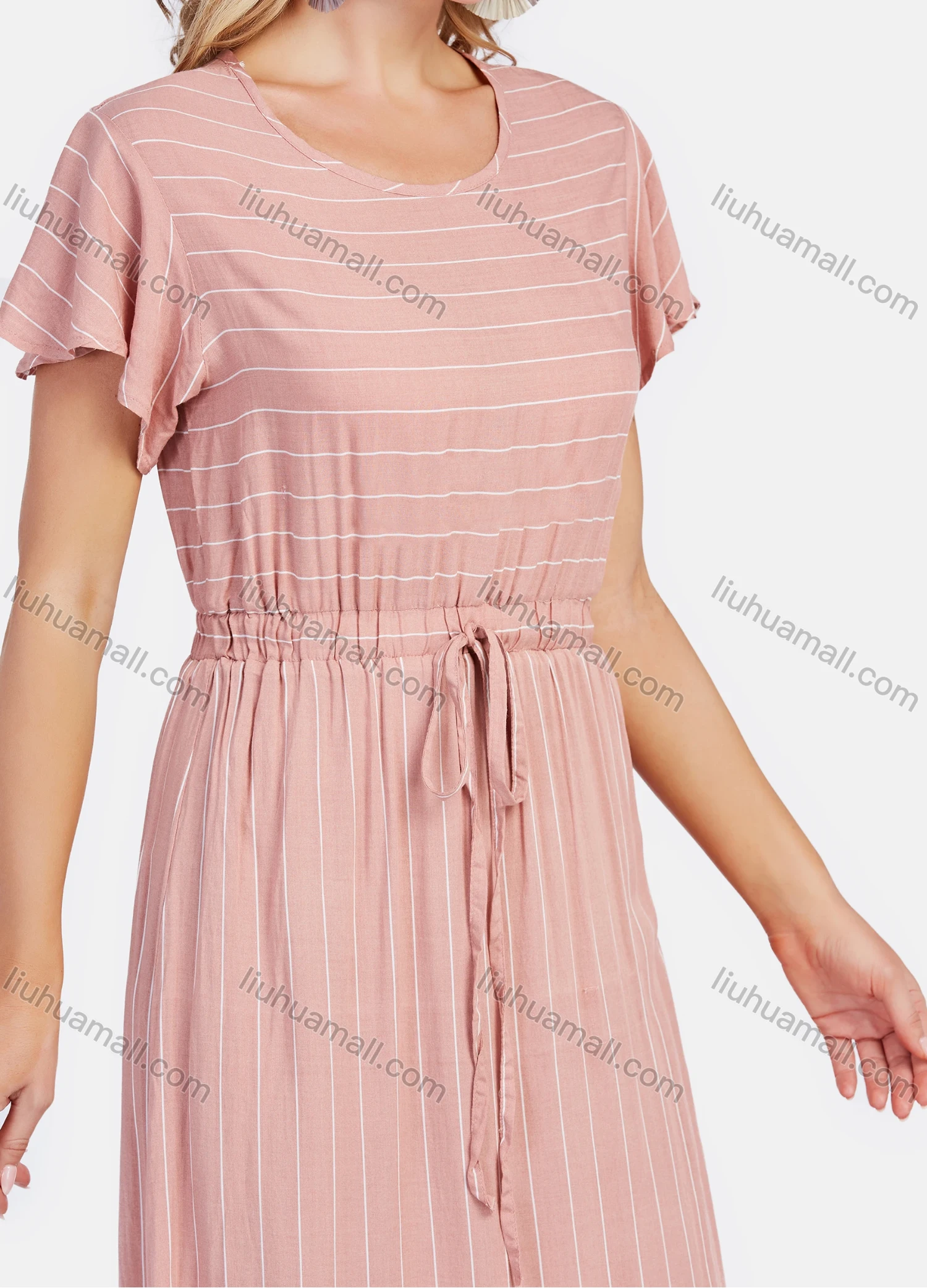 Wholesale Women's Casual Round Neck Ruffle Sleeve Striped Waist Drawstring Midi Dress - Liuhuamall