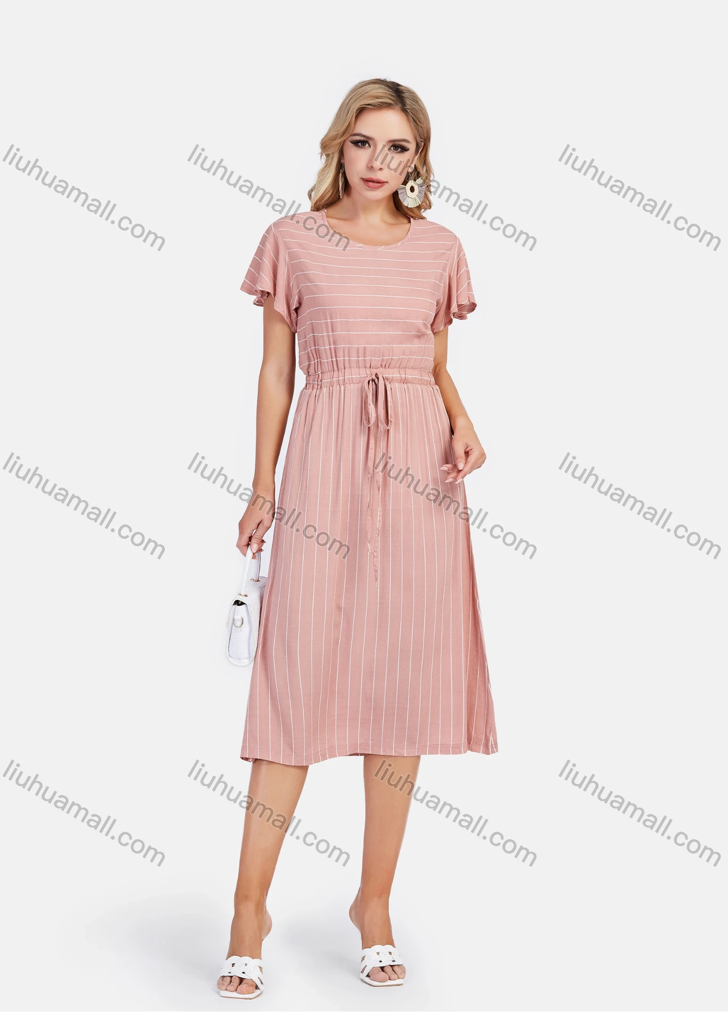 Wholesale Women's Casual Round Neck Ruffle Sleeve Striped Waist Drawstring Midi Dress - Liuhuamall