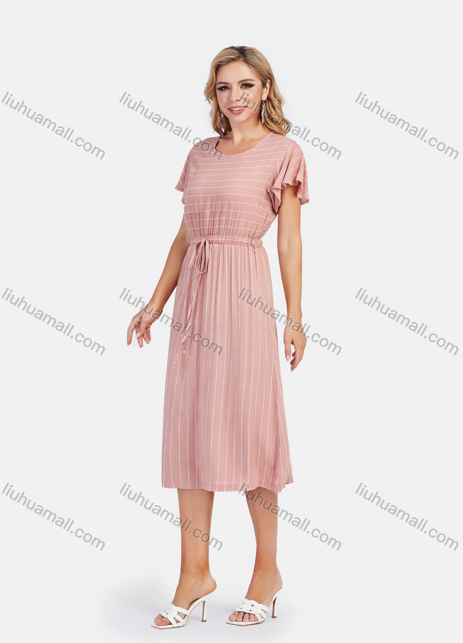Wholesale Women's Casual Round Neck Ruffle Sleeve Striped Waist Drawstring Midi Dress - Liuhuamall