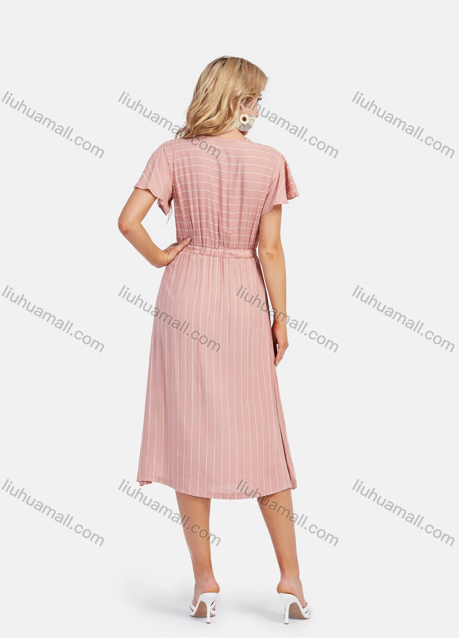 Wholesale Women's Casual Round Neck Ruffle Sleeve Striped Waist Drawstring Midi Dress - Liuhuamall