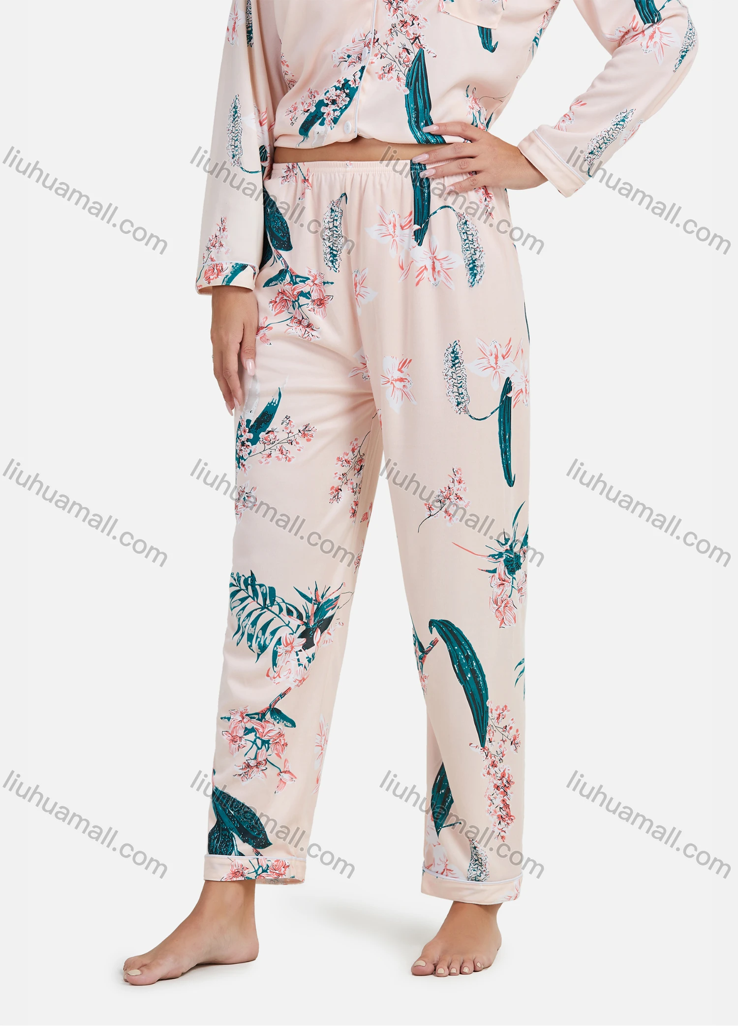 Wholesale Women's Comfy 2 Piece Sleepwear Plant Print Long Sleeve Pajamas Set 070802# - Liuhuamall