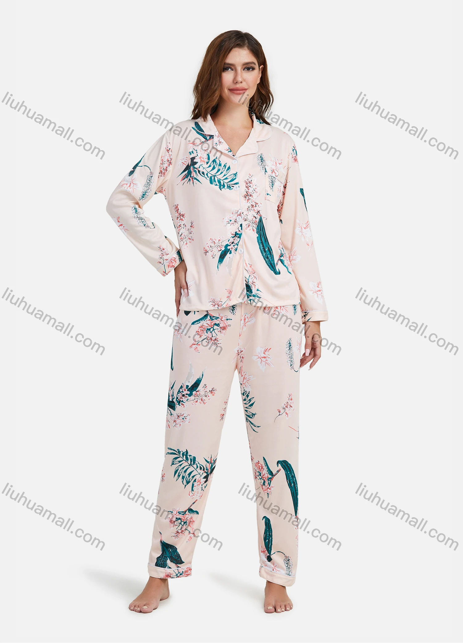 Wholesale Women's Comfy 2 Piece Sleepwear Plant Print Long Sleeve Pajamas Set 070802# - Liuhuamall