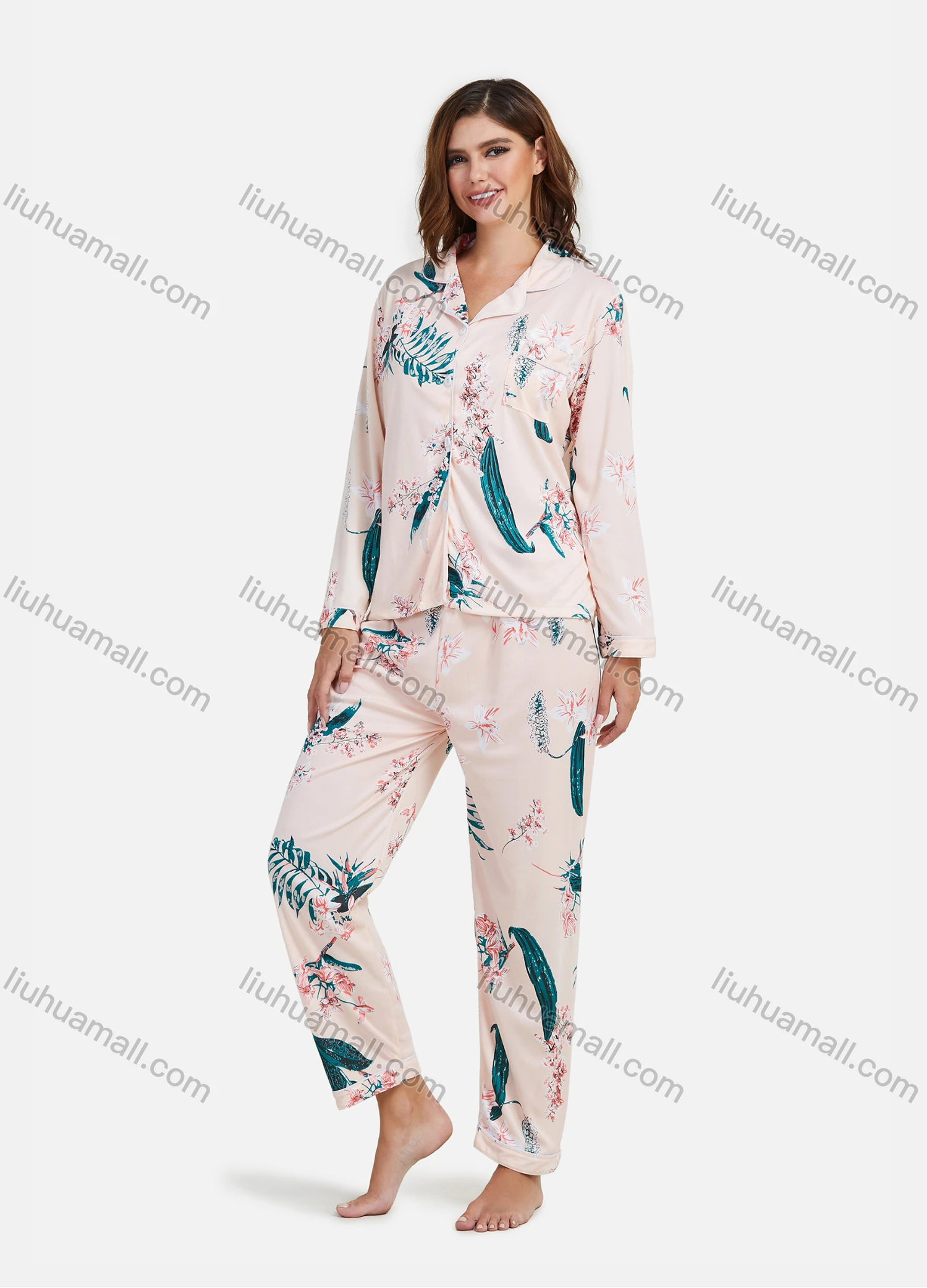 Wholesale Women's Comfy 2 Piece Sleepwear Plant Print Long Sleeve Pajamas Set 070802# - Liuhuamall