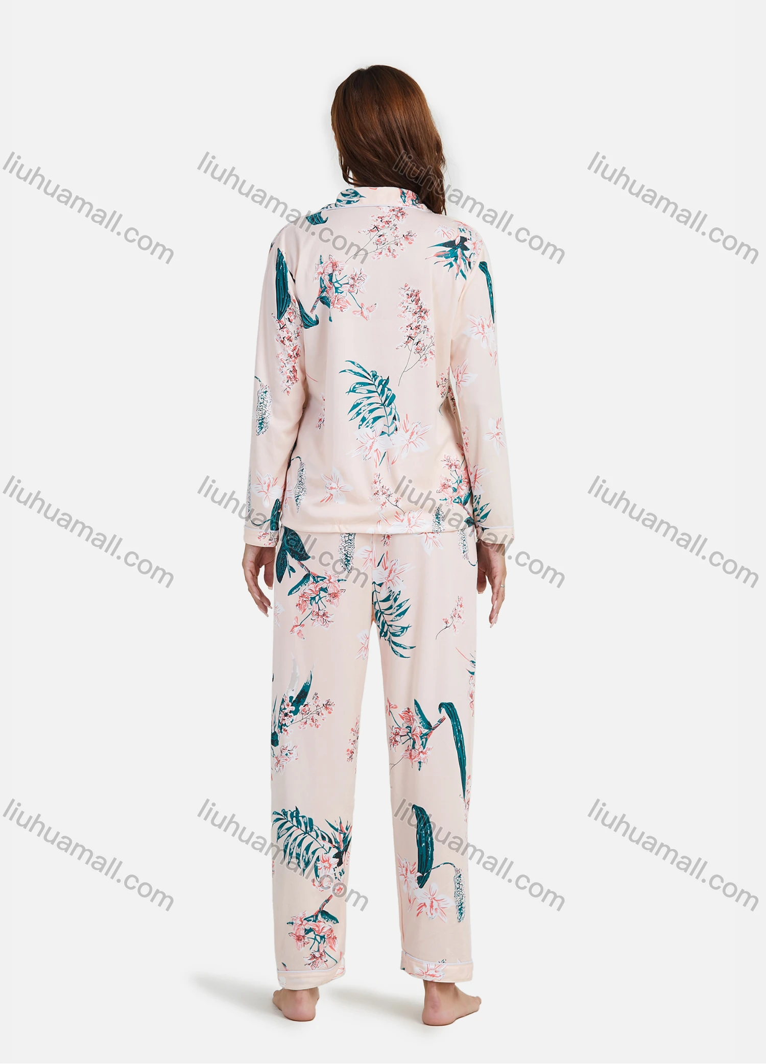 Wholesale Women's Comfy 2 Piece Sleepwear Plant Print Long Sleeve Pajamas Set 070802# - Liuhuamall