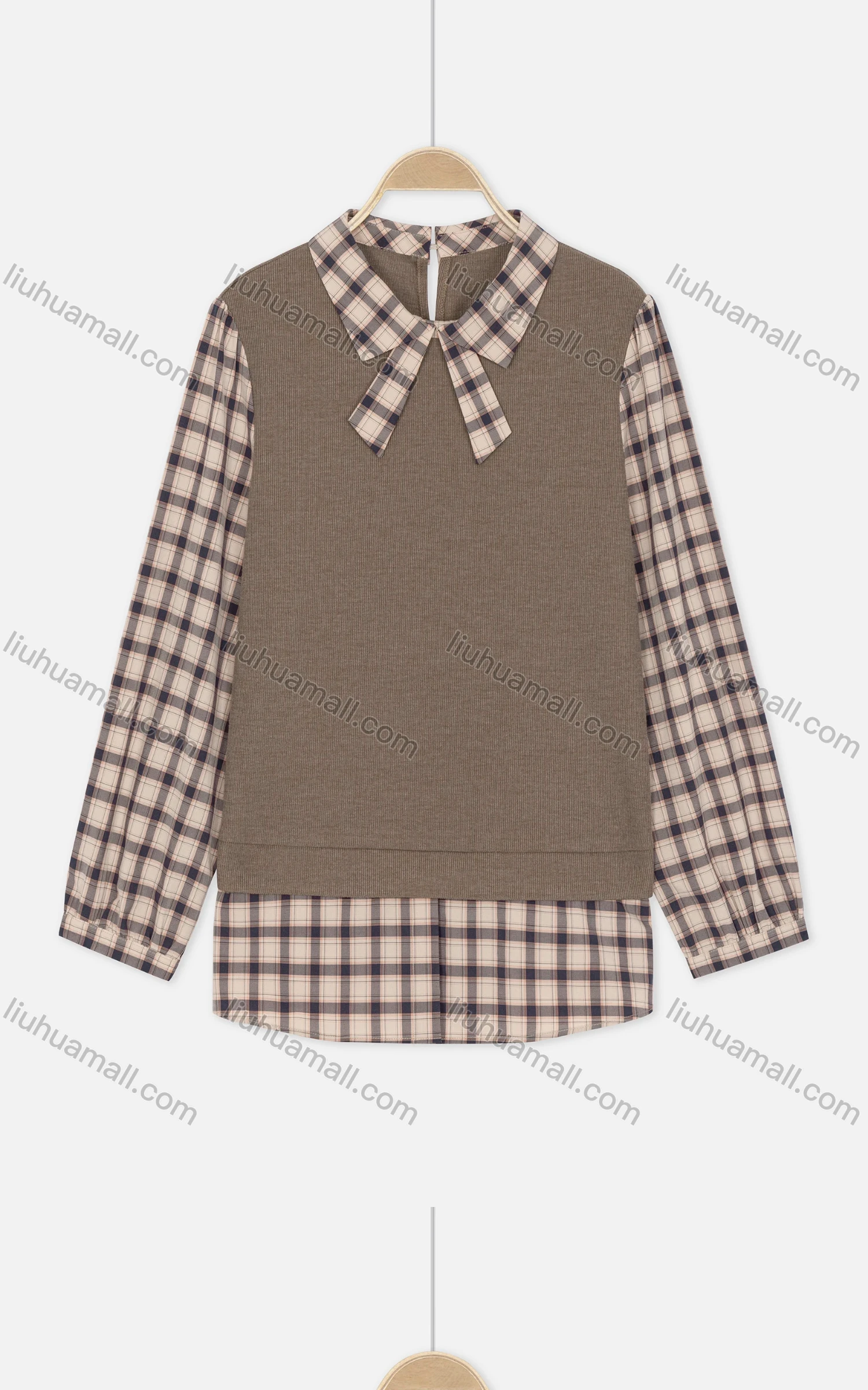 Wholesale Women's Fall Two-Piece Checkered Buckled Cuff Keyhole Curved Hem Blouse - Liuhuamall