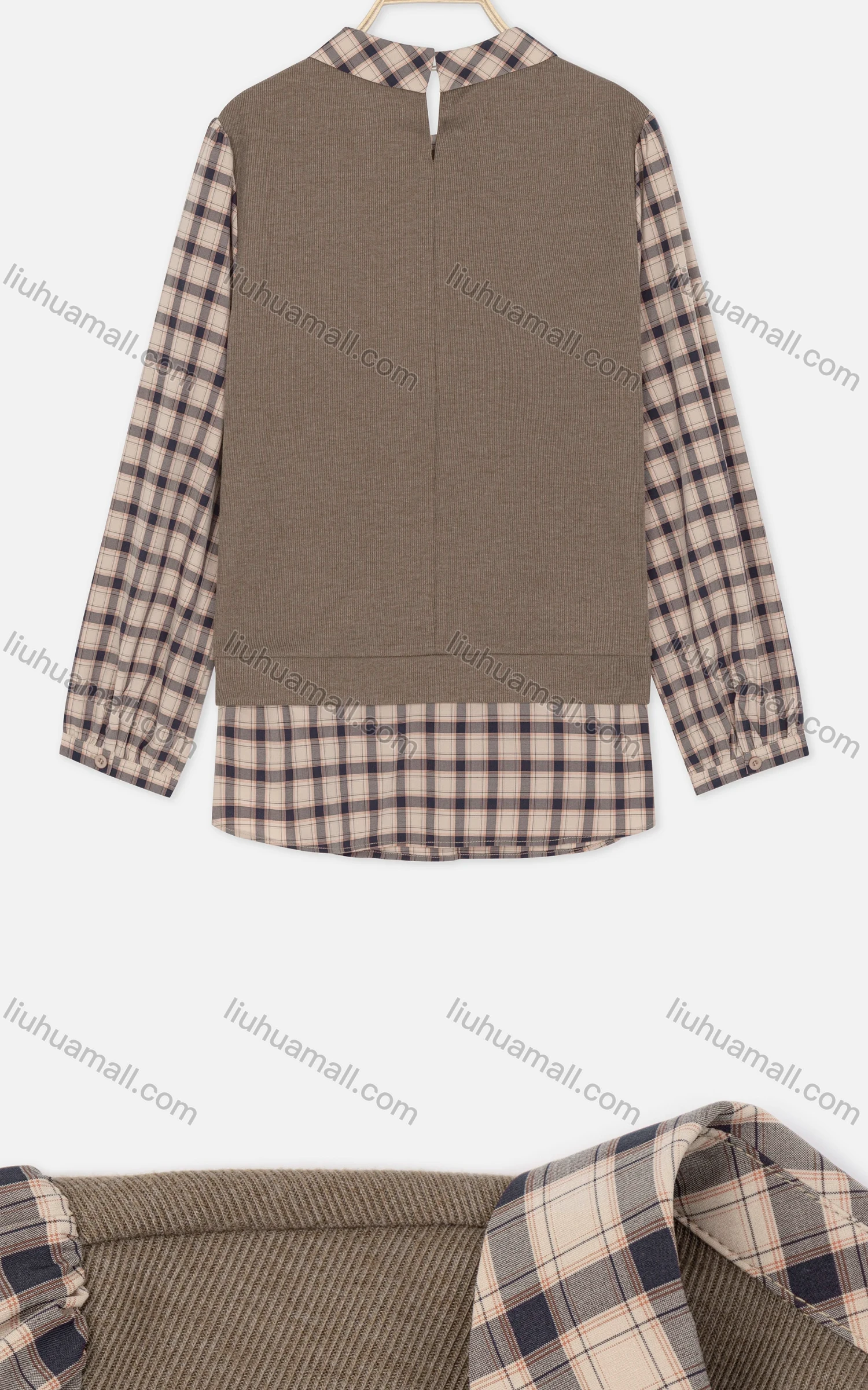 Wholesale Women's Fall Two-Piece Checkered Buckled Cuff Keyhole Curved Hem Blouse - Liuhuamall