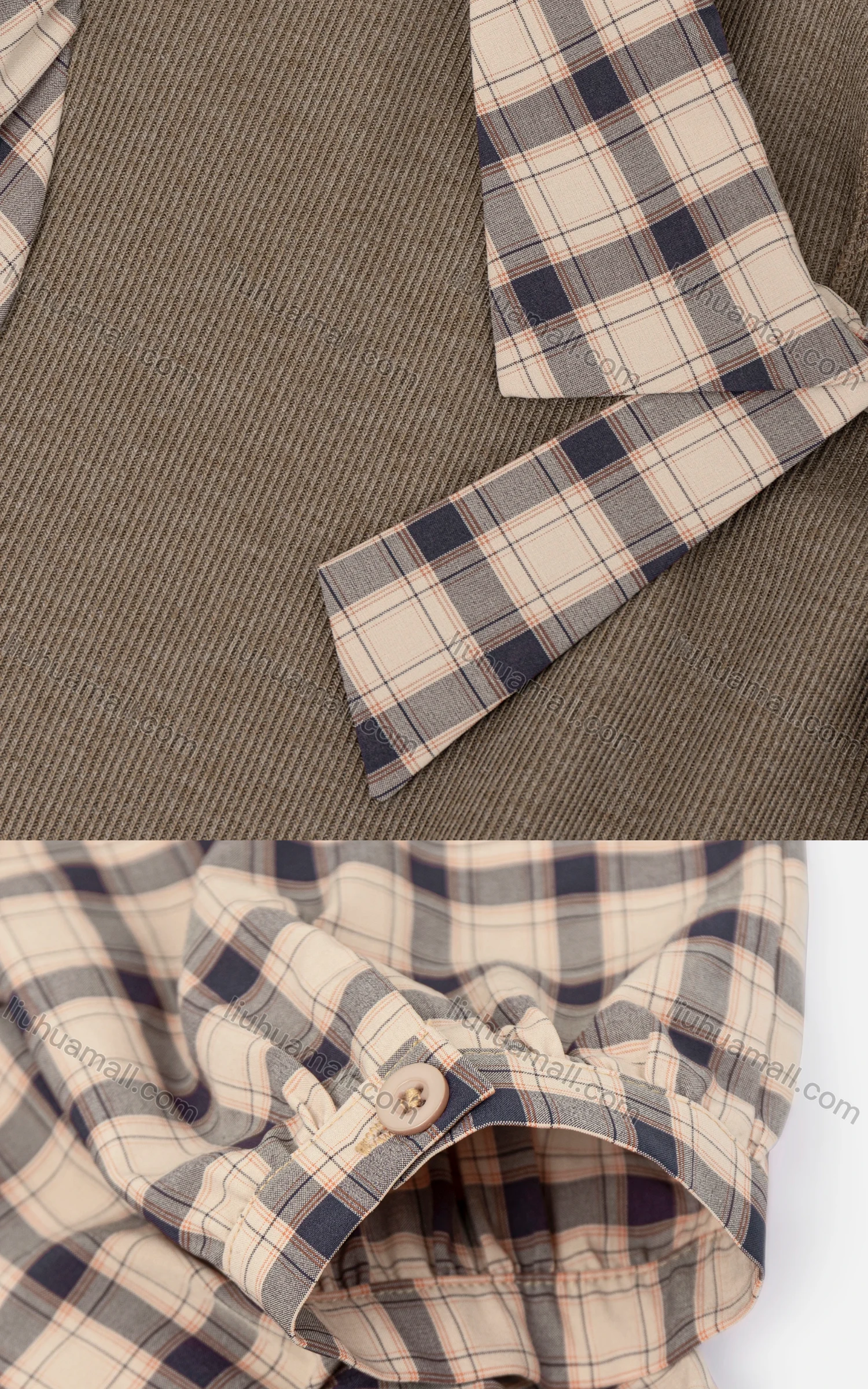 Wholesale Women's Fall Two-Piece Checkered Buckled Cuff Keyhole Curved Hem Blouse - Liuhuamall