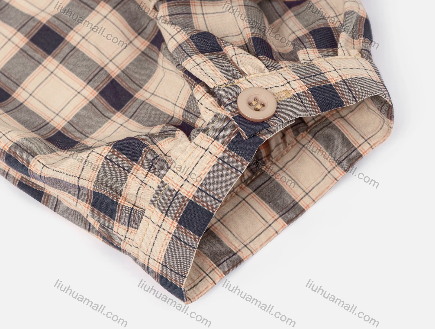 Wholesale Women's Fall Two-Piece Checkered Buckled Cuff Keyhole Curved Hem Blouse - Liuhuamall