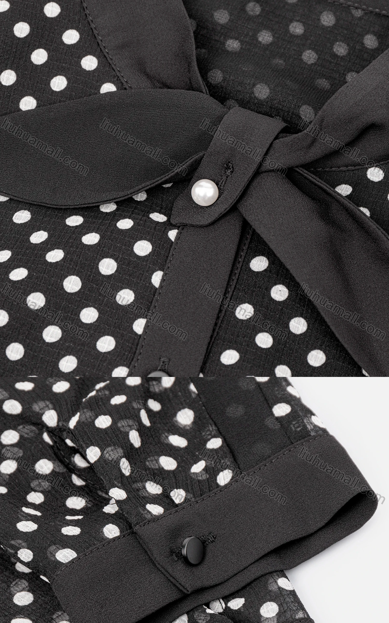 Wholesale Women's Casual Small Tail Buckled Cuff Polka Dot Button&Tie Front Shirt - Liuhuamall